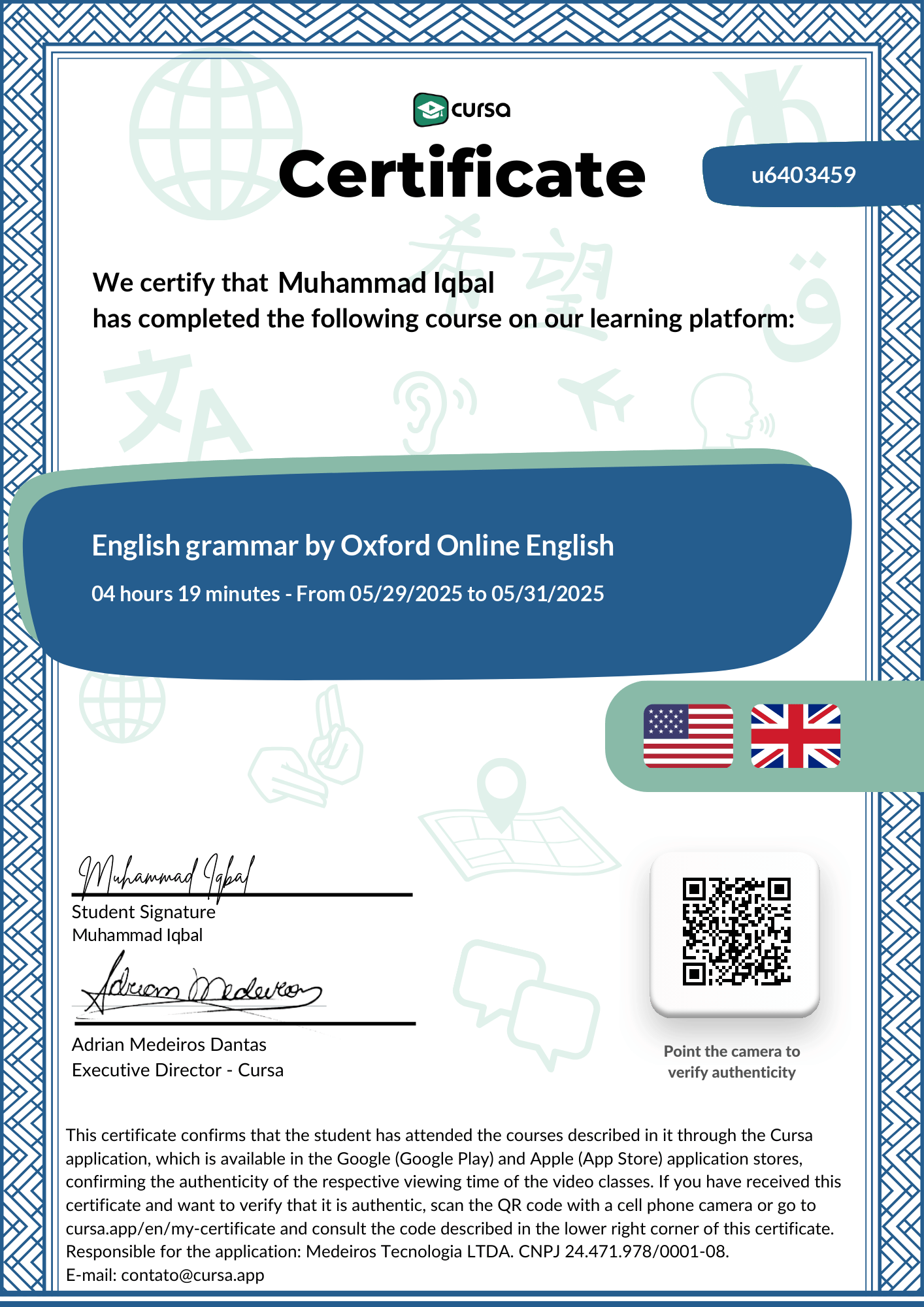 Image of my free Course Completion Certificate.