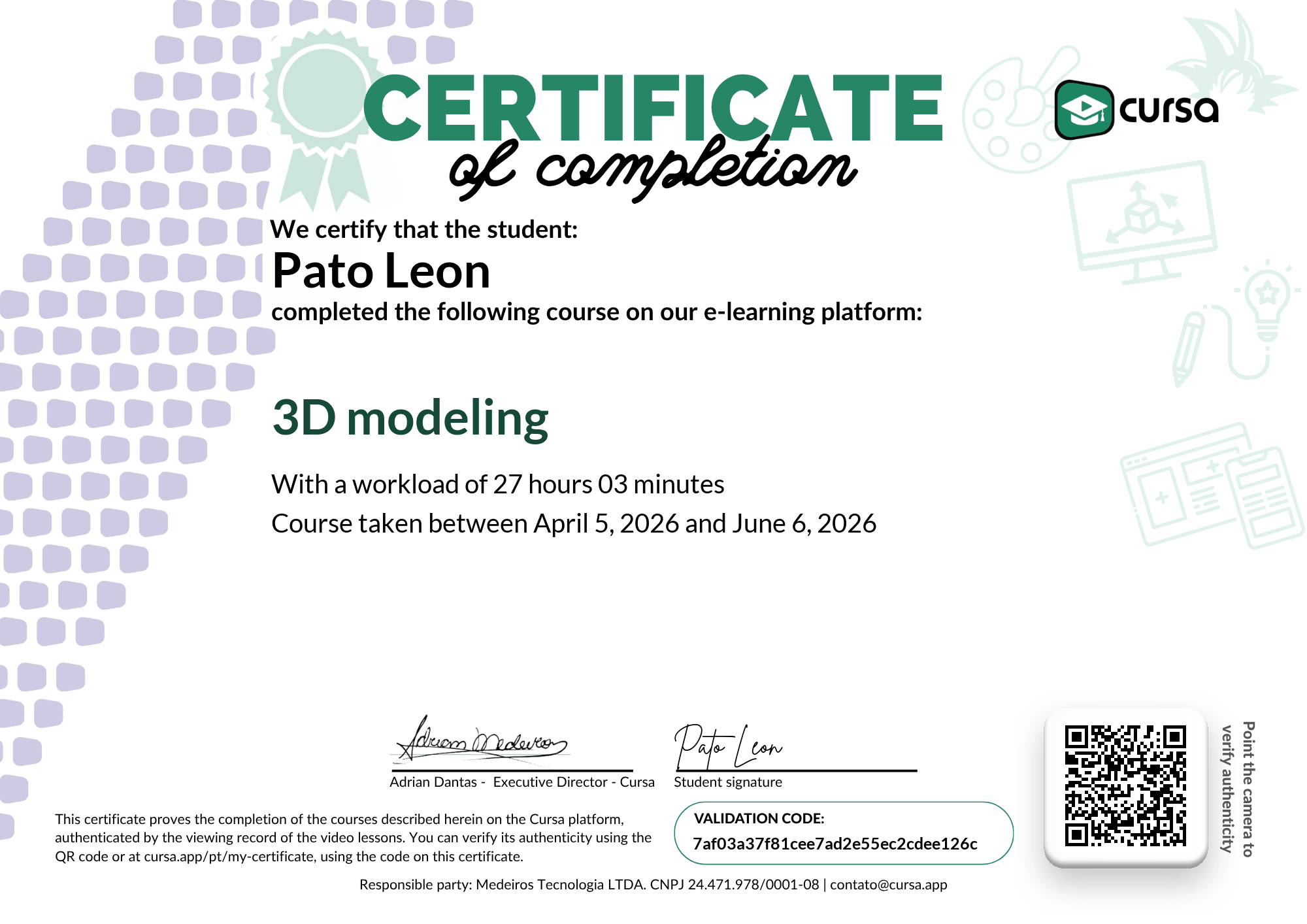 Image of my free Course Completion Certificate.