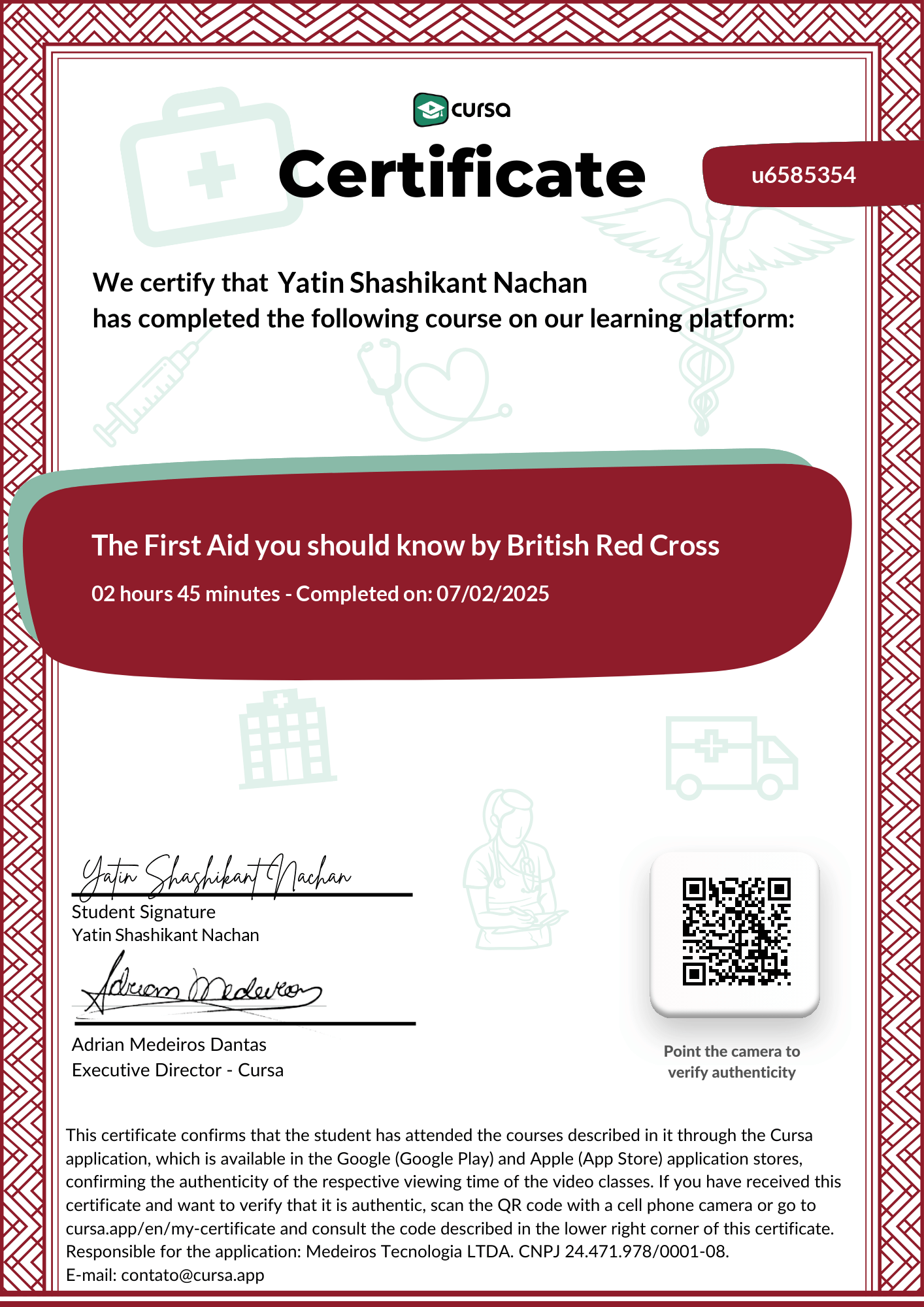 Image of my free Course Completion Certificate.