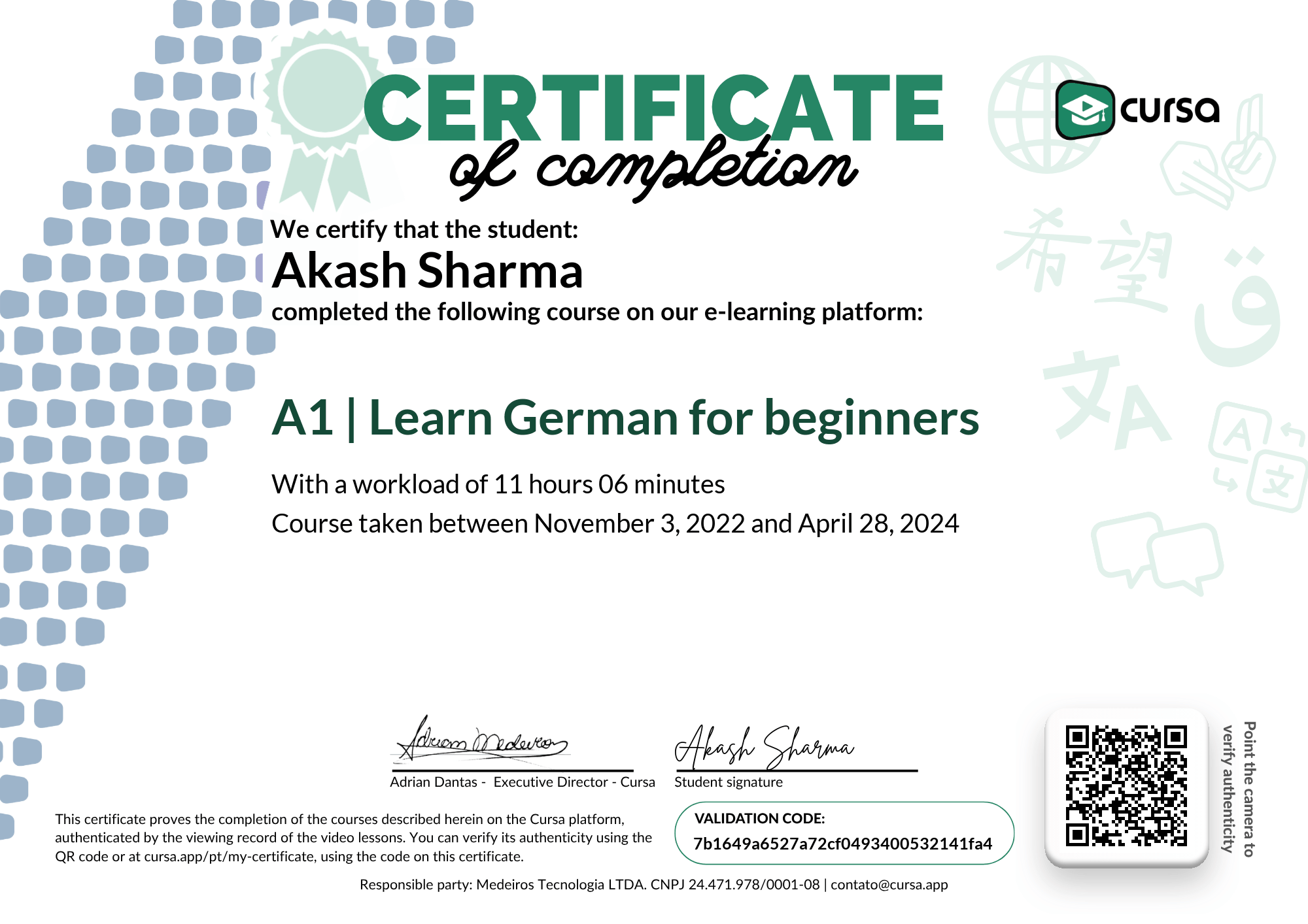 Image of my free Course Completion Certificate.