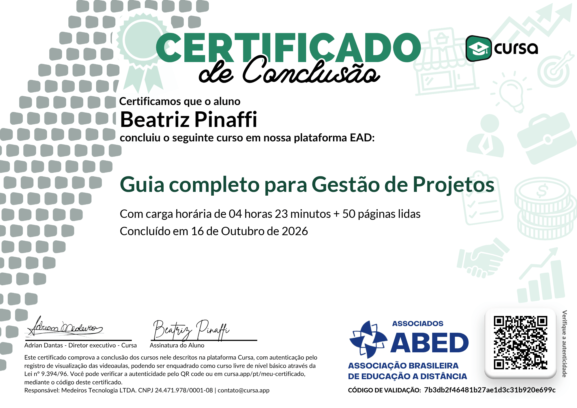Imagem do meu Certificado gratuito de conclusão de curso.