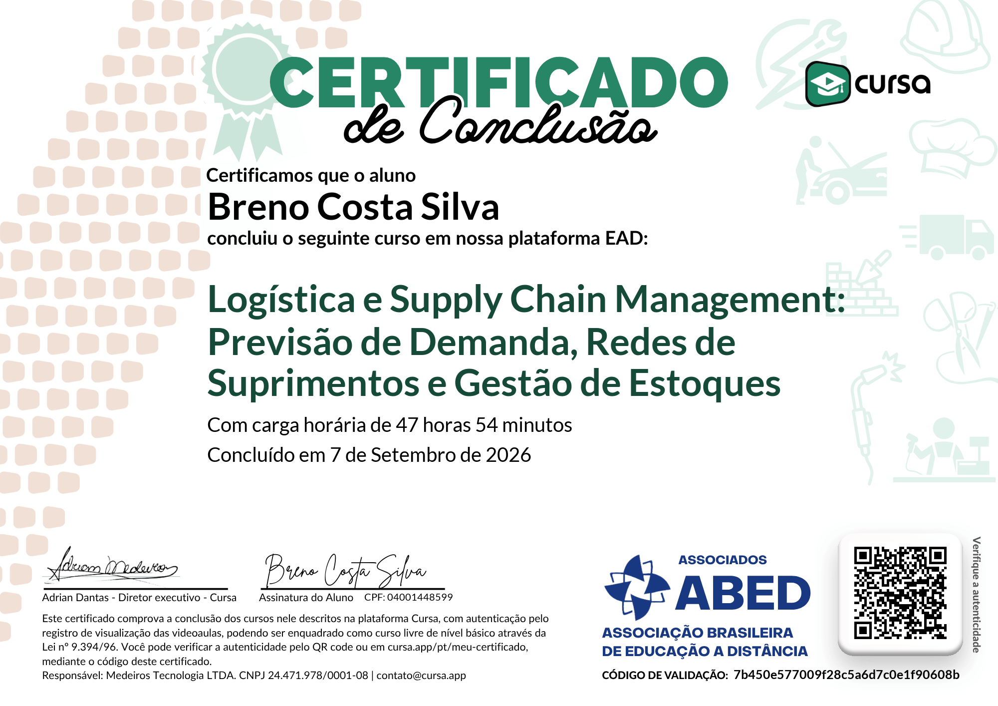 Imagem do meu Certificado gratuito de conclusão de curso.