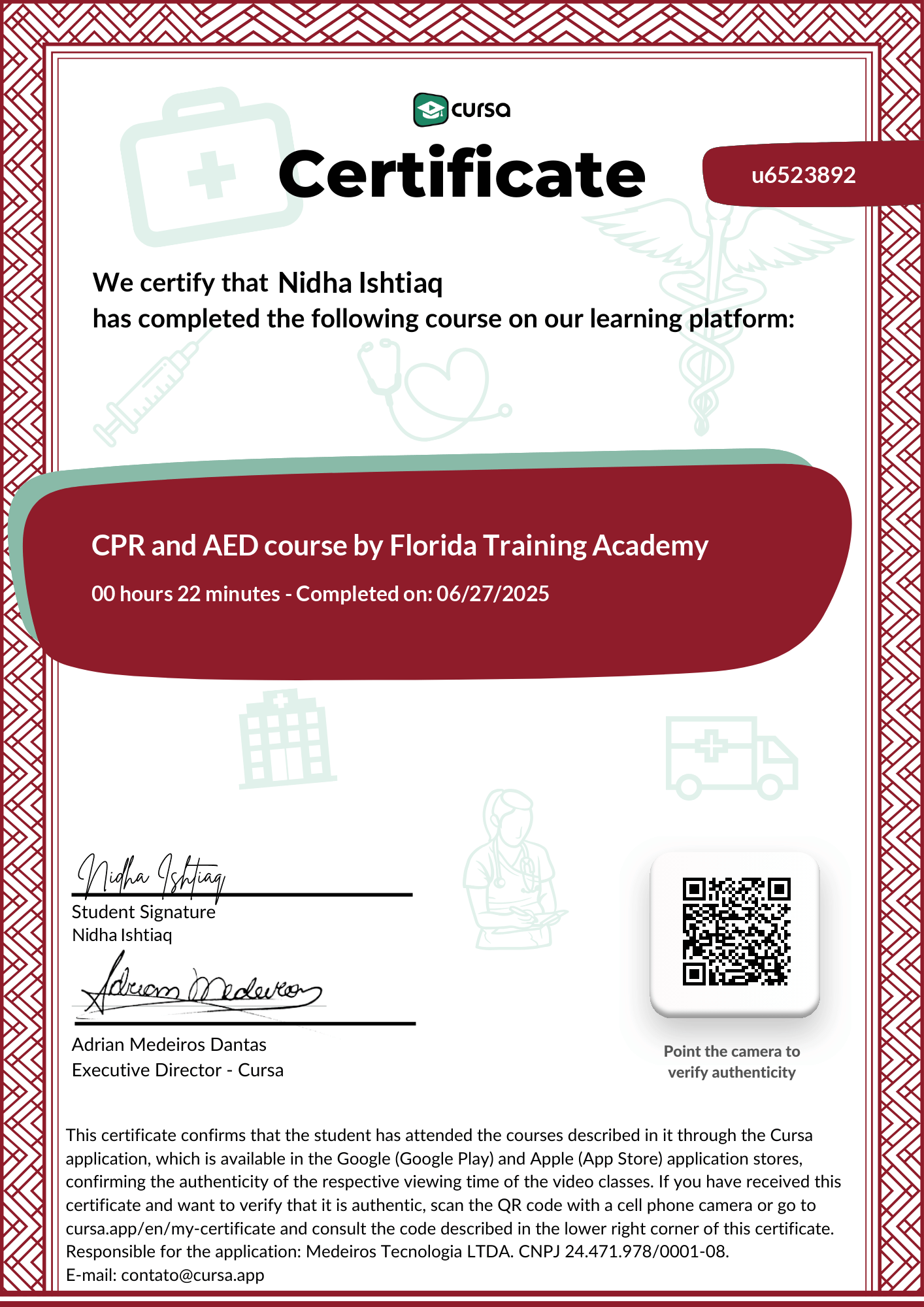 Image of my free Course Completion Certificate.