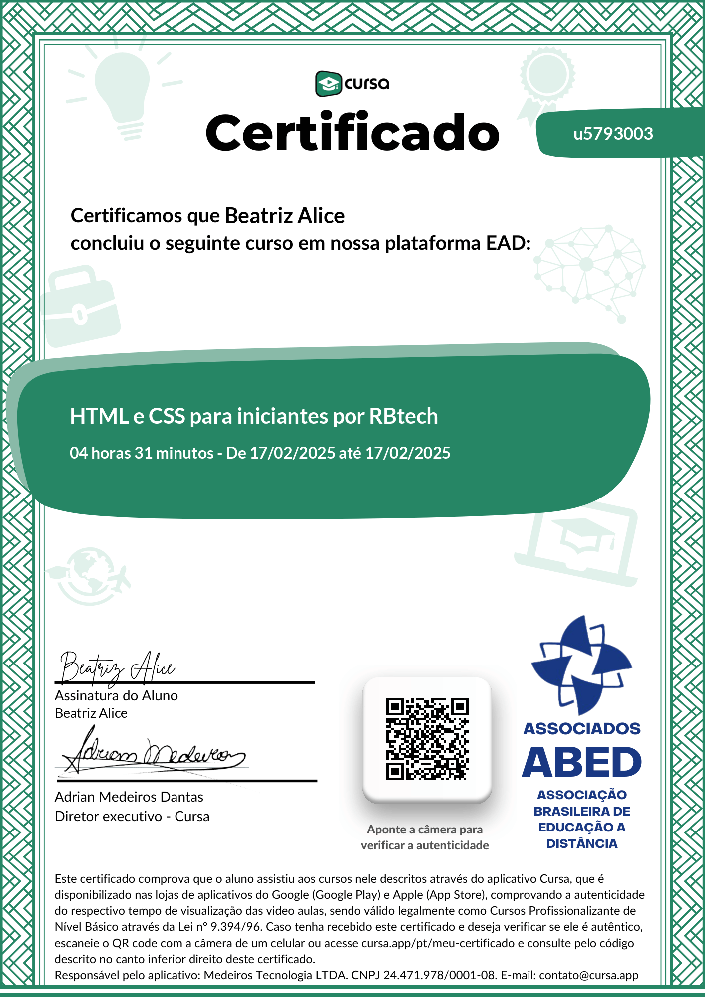 Imagem do meu Certificado gratuito de conclusão de curso.