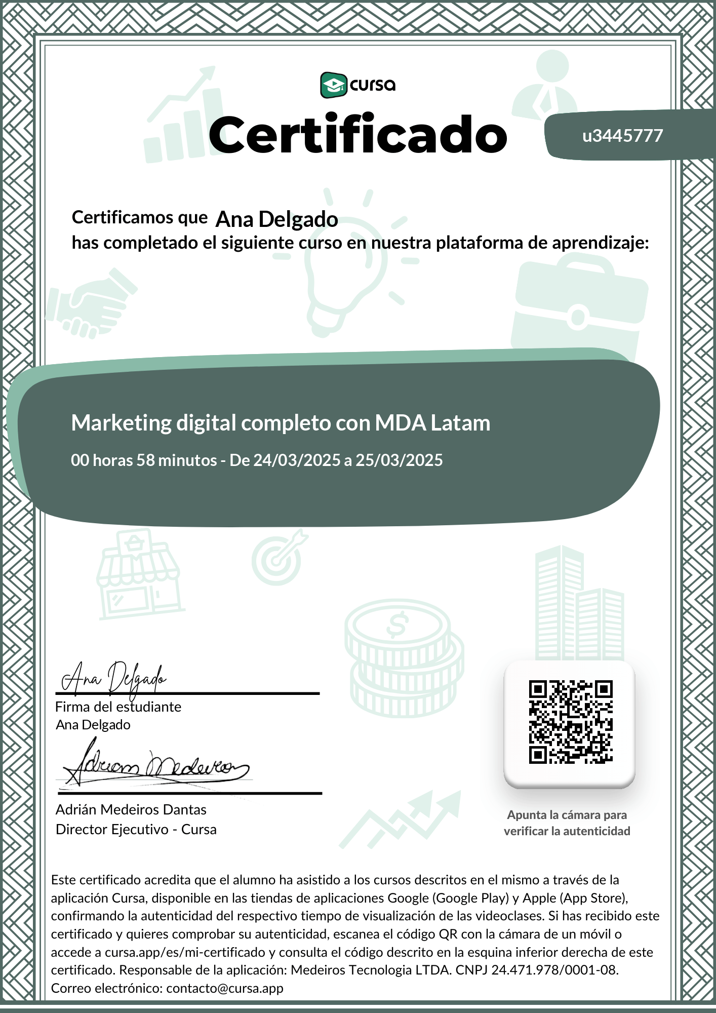 Imagen de mi Certificado de finalización del curso gratuito.