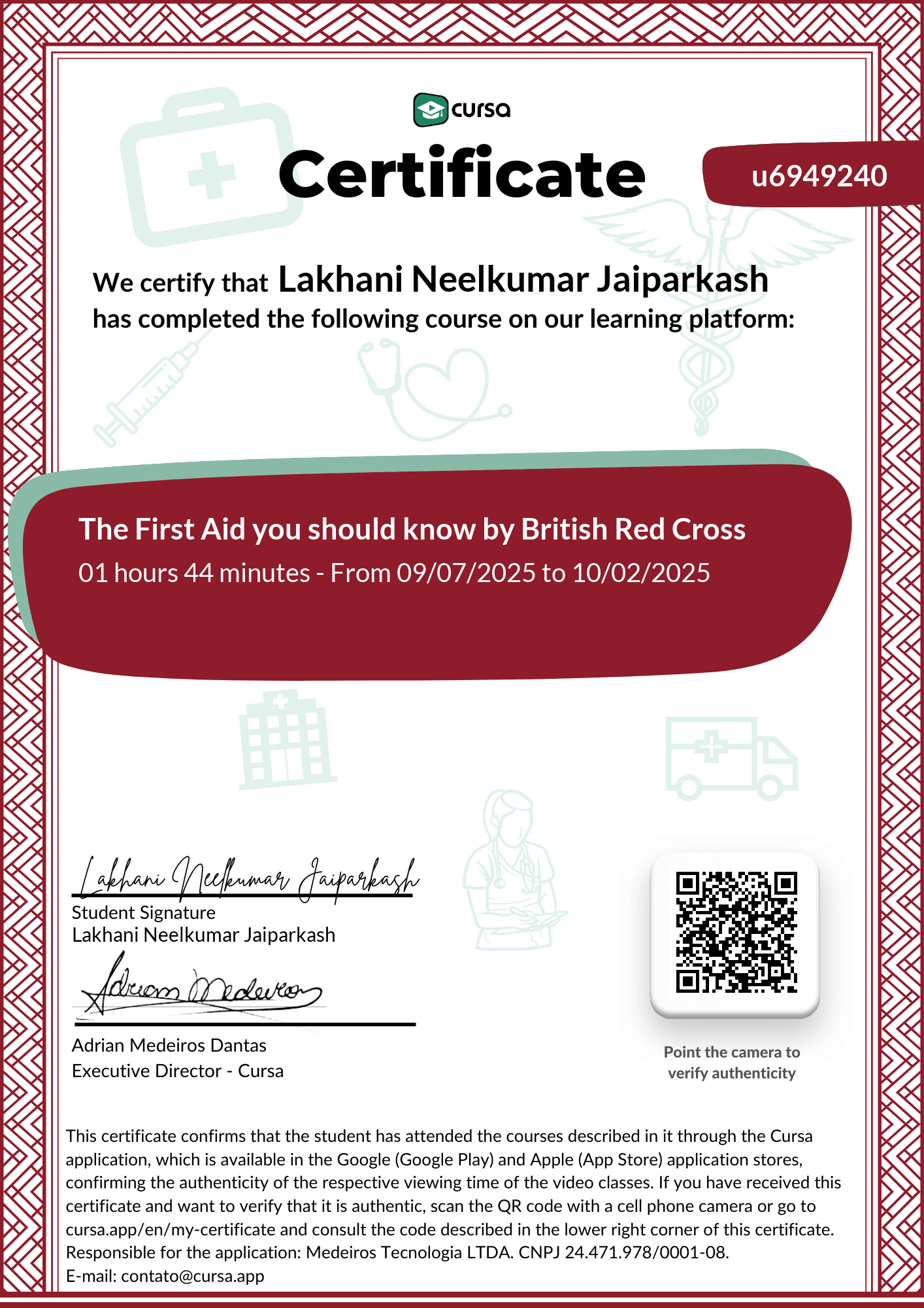 Image of my free Course Completion Certificate.