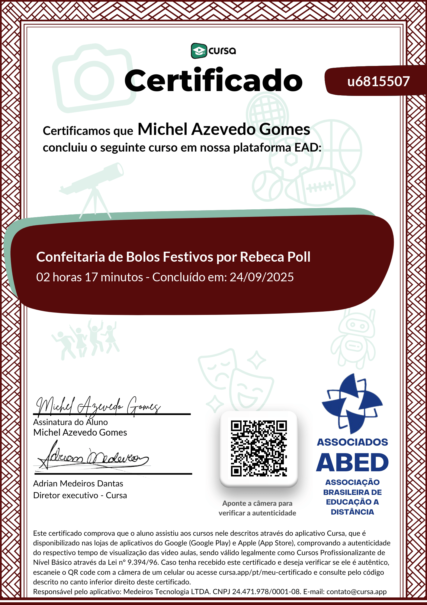 Imagem do meu Certificado gratuito de conclusão de curso.