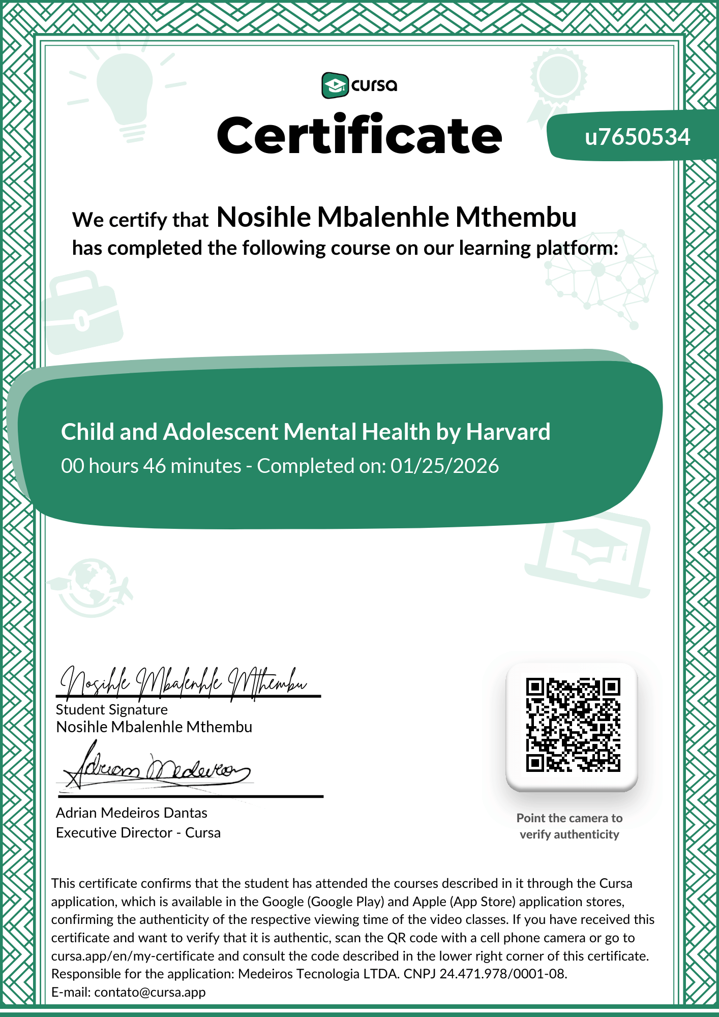 Image of my free Course Completion Certificate.