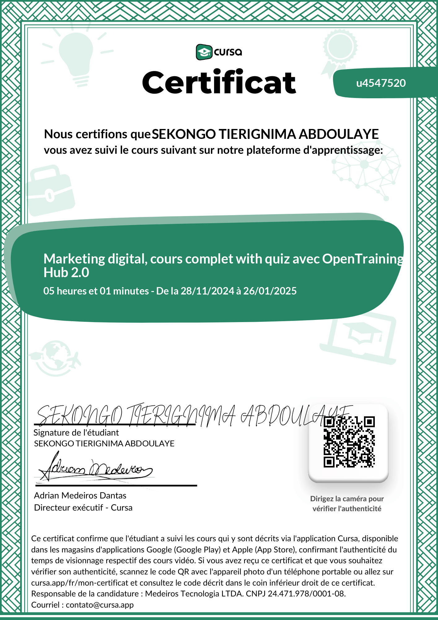Image de mon certificat de fin de cours gratuit.