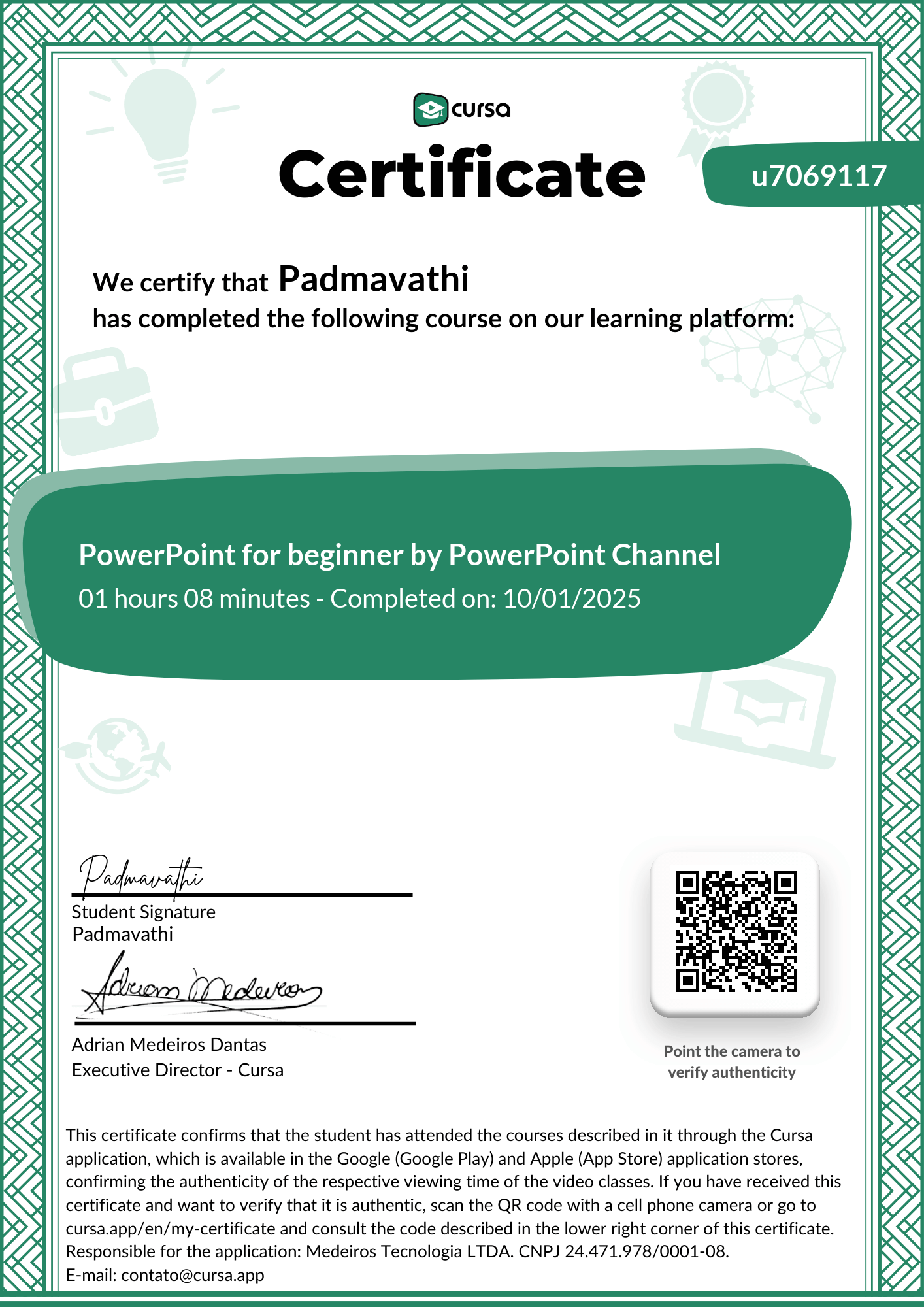 Image of my free Course Completion Certificate.