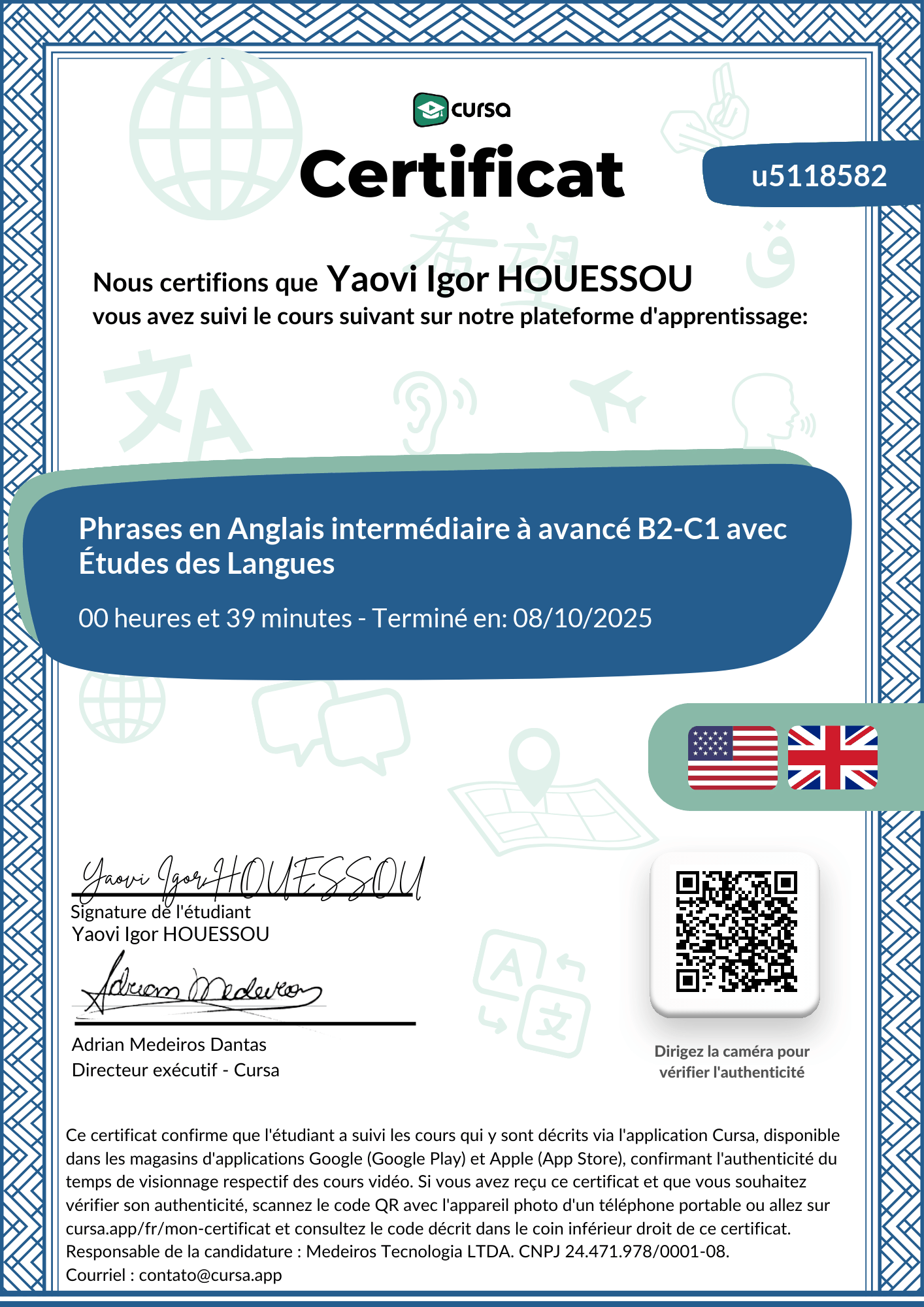 Image de mon certificat de fin de cours gratuit.
