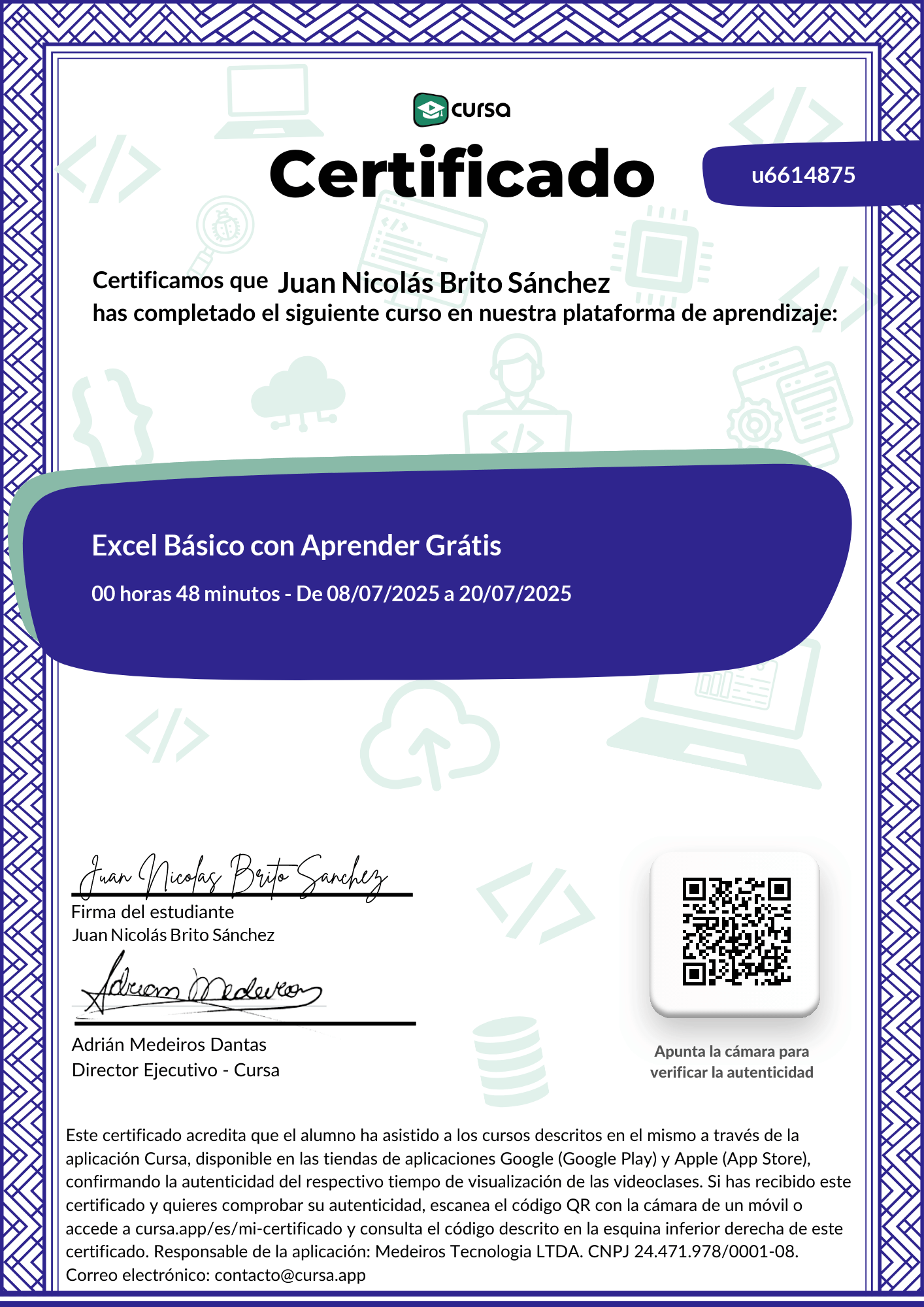 Imagen de mi Certificado de finalización del curso gratuito.