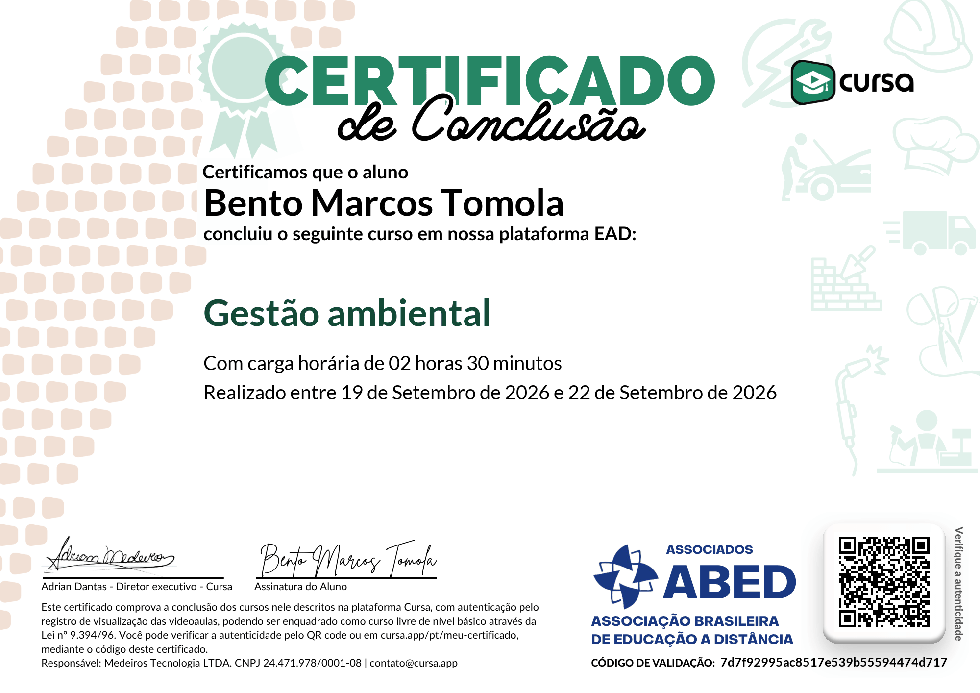 Imagem do meu Certificado gratuito de conclusão de curso.