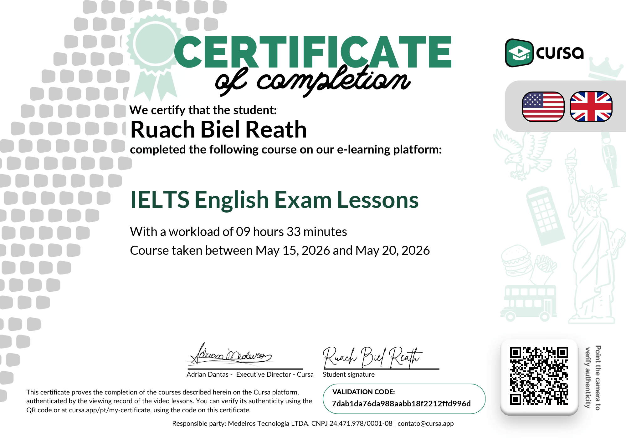 Image of my free Course Completion Certificate.