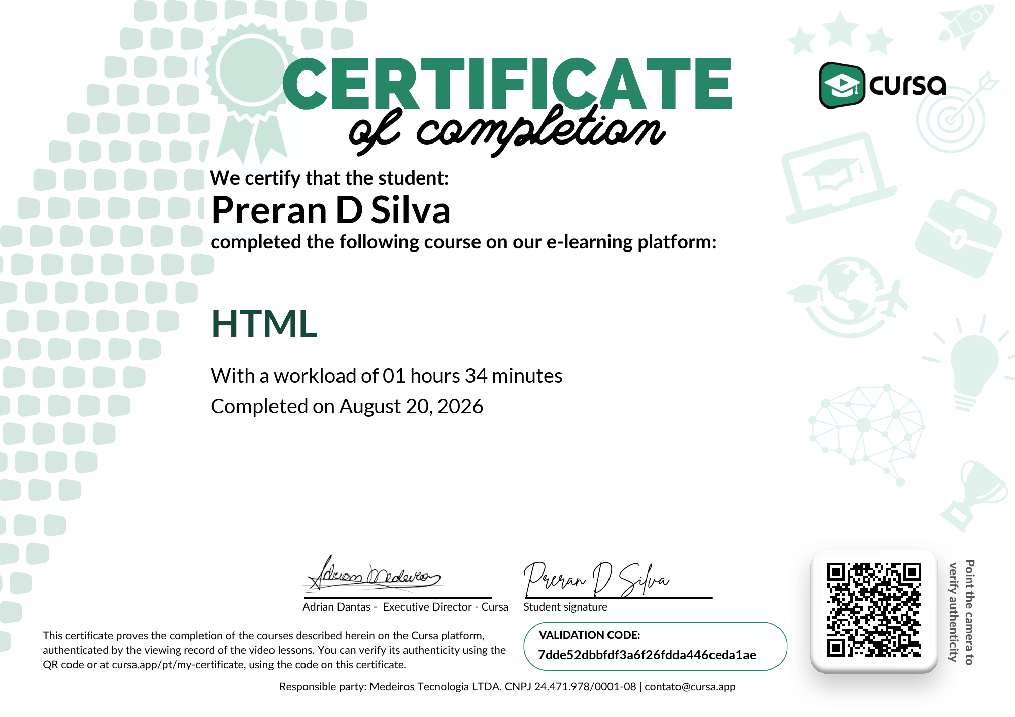 Image of my free Course Completion Certificate.