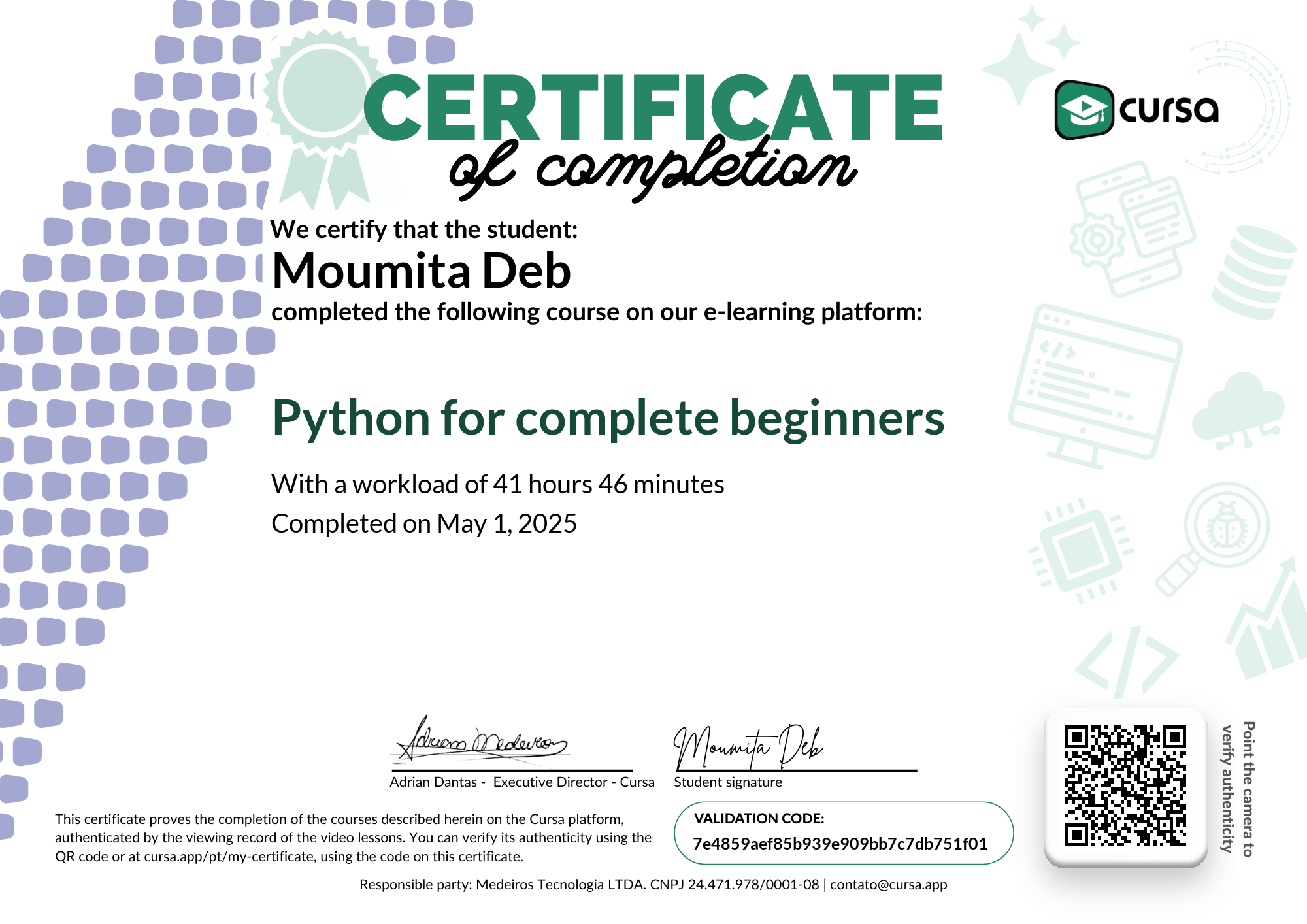 Image of my free Course Completion Certificate.