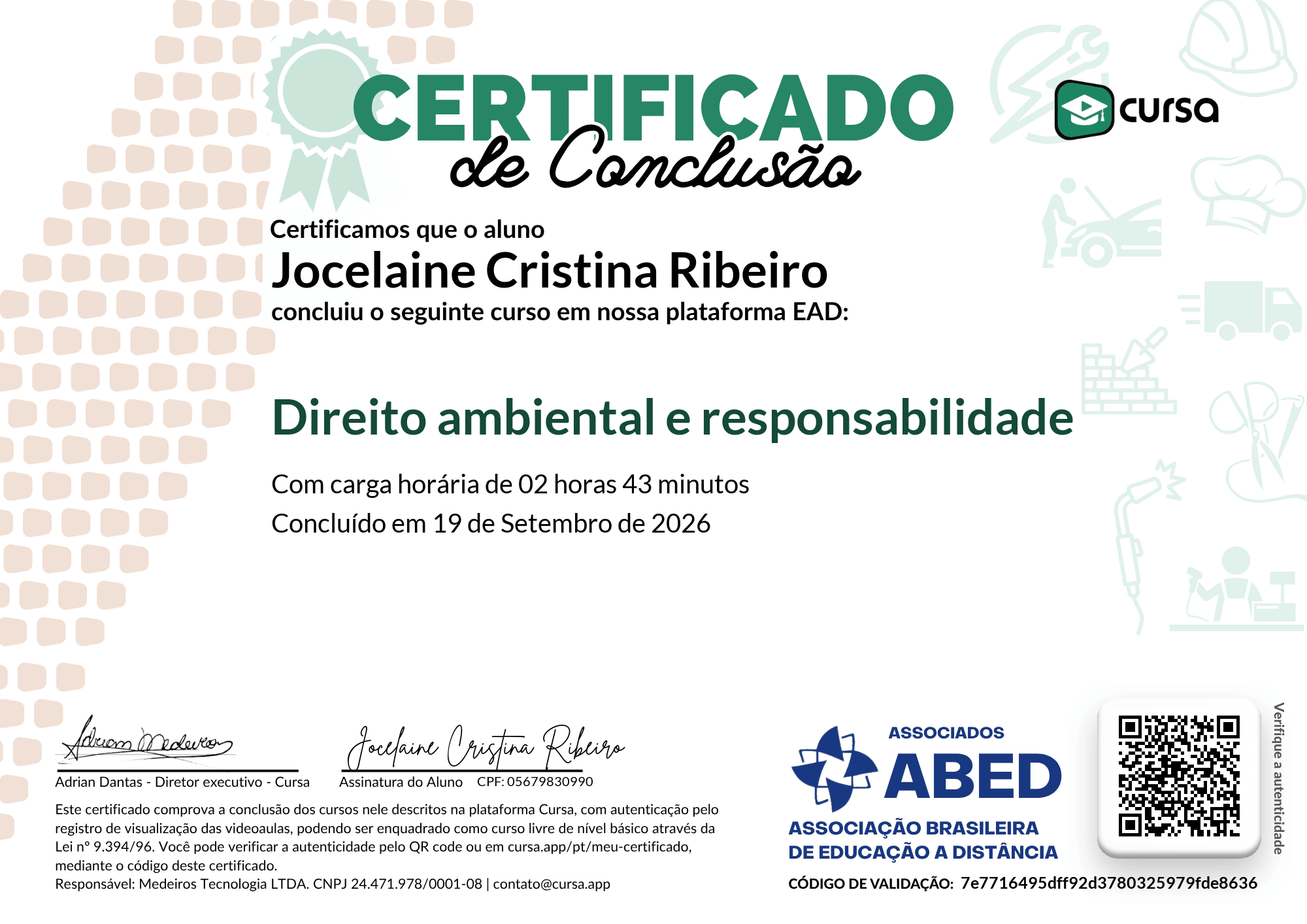 Imagem do meu Certificado gratuito de conclusão de curso.