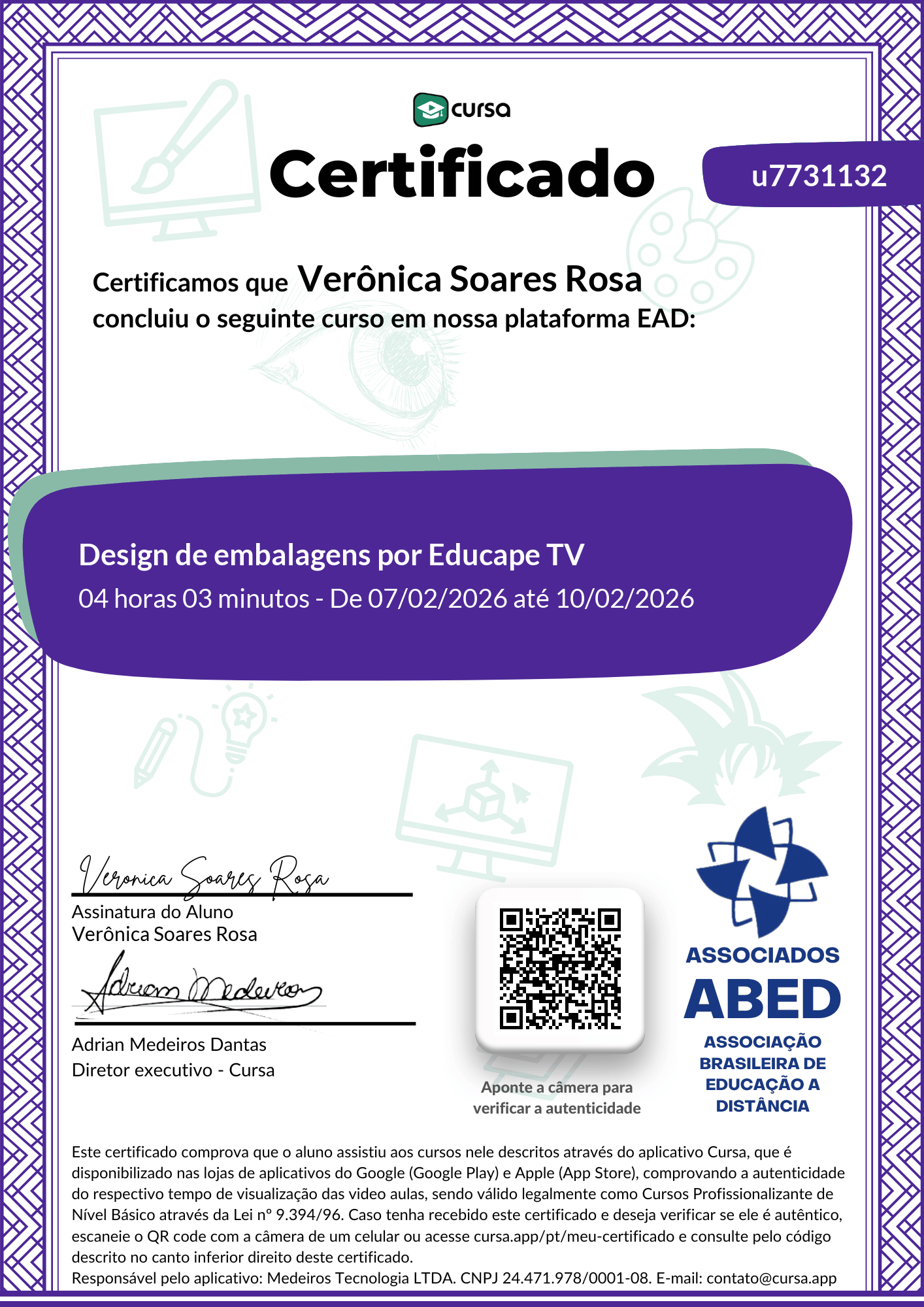 Imagem do meu Certificado gratuito de conclusão de curso.