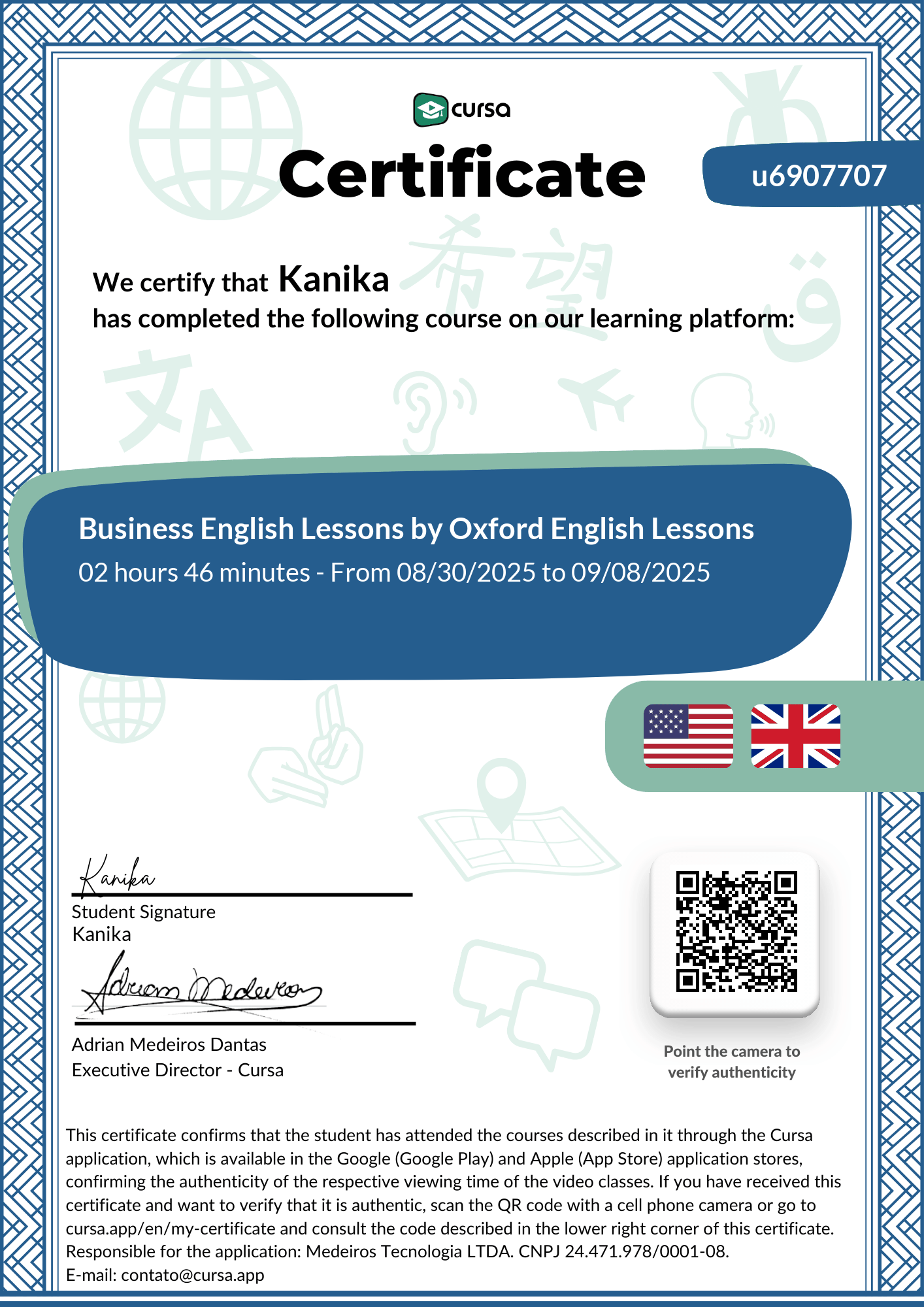 Image of my free Course Completion Certificate.