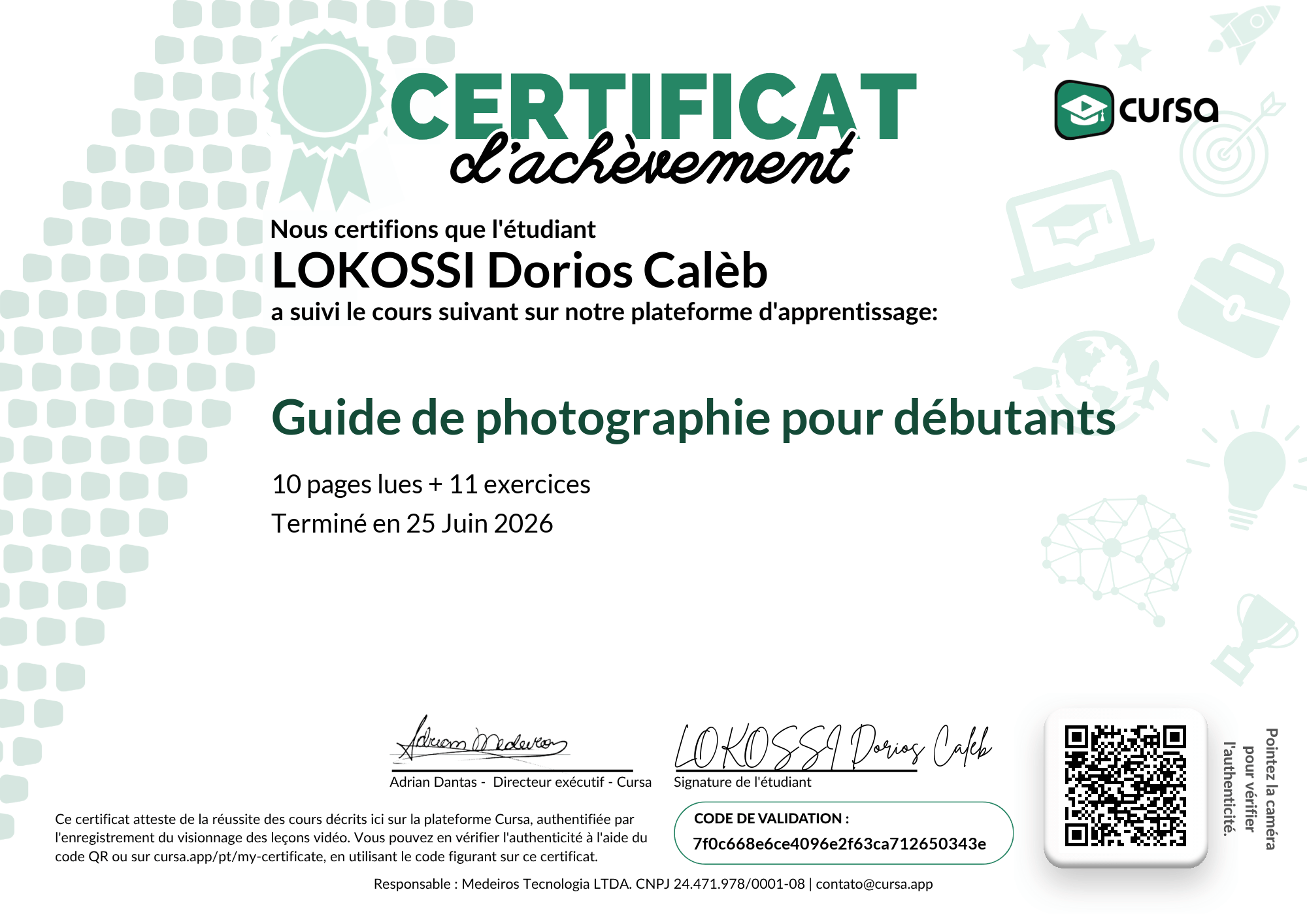 Image de mon certificat de fin de cours gratuit.