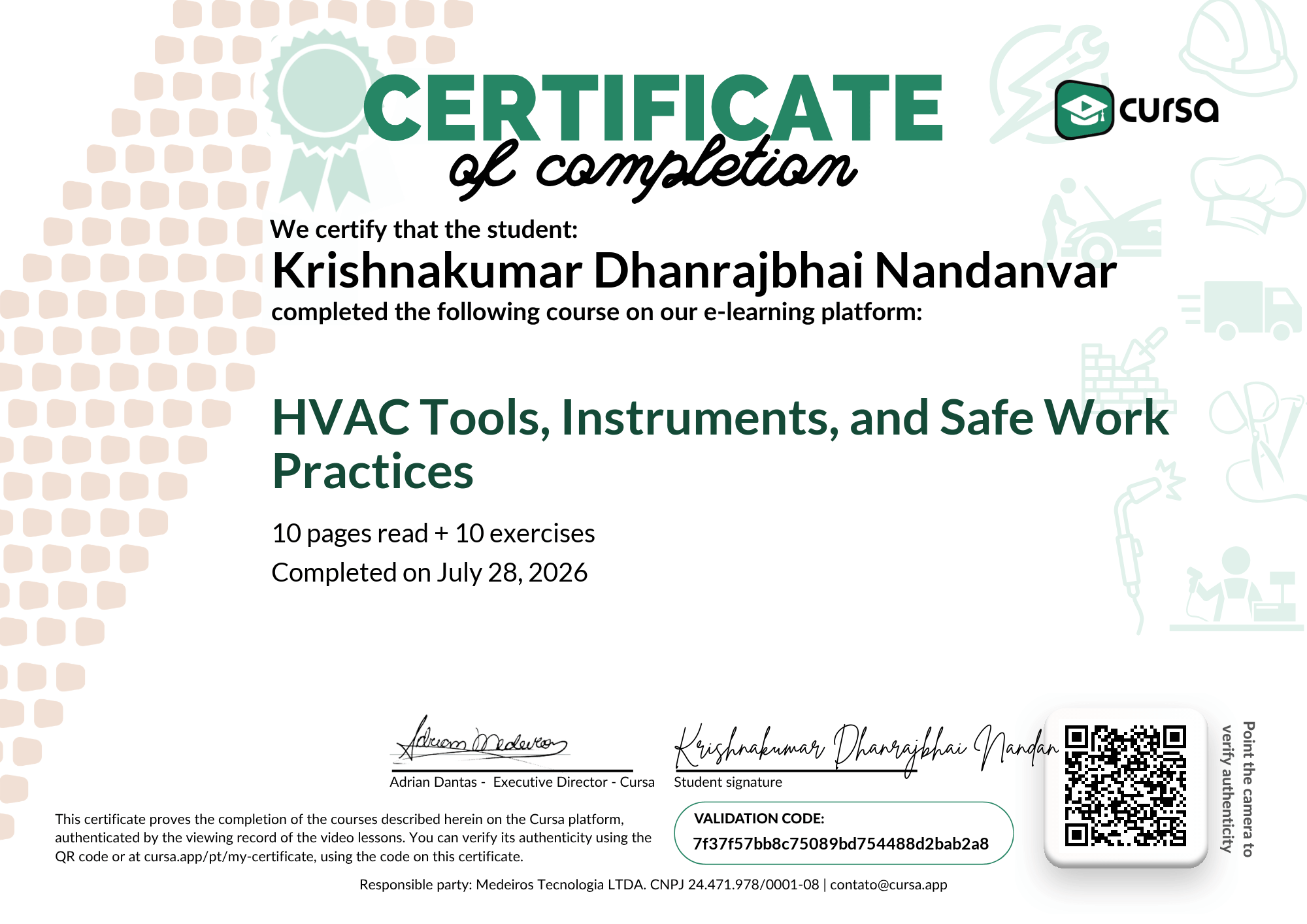 Image of my free Course Completion Certificate.