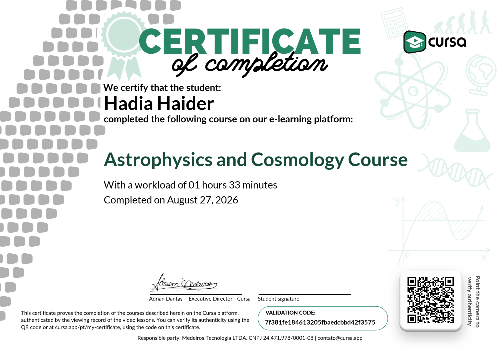 Image of my free Course Completion Certificate.