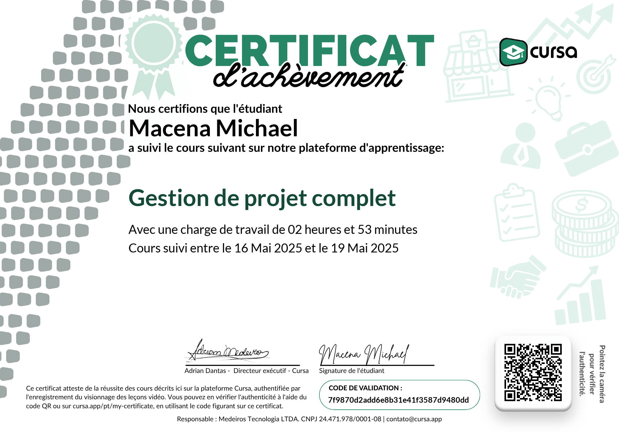 Image de mon certificat de fin de cours gratuit.