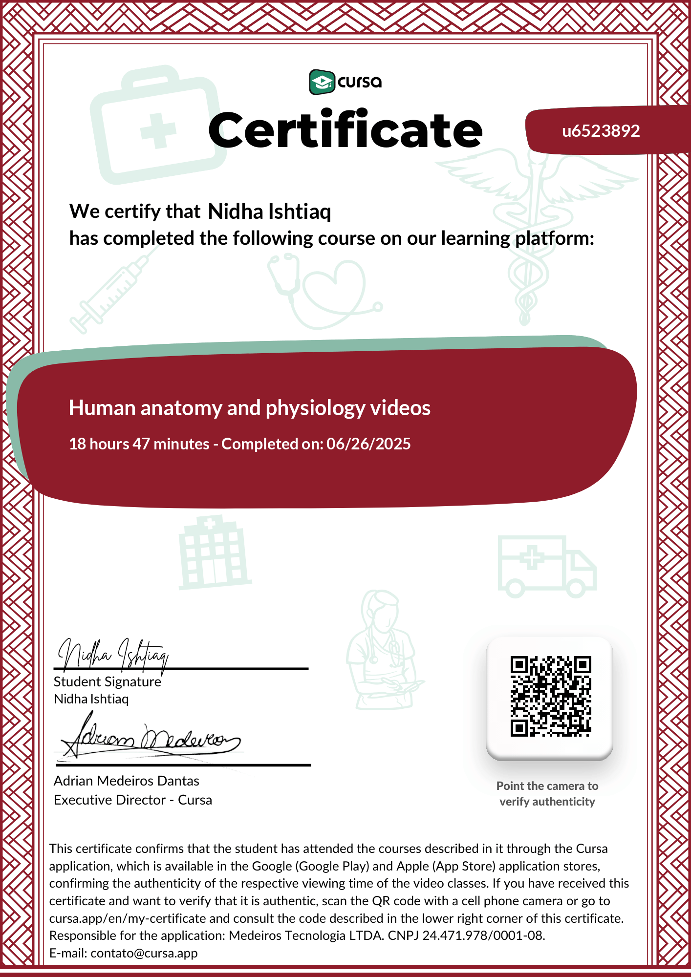 Image of my free Course Completion Certificate.