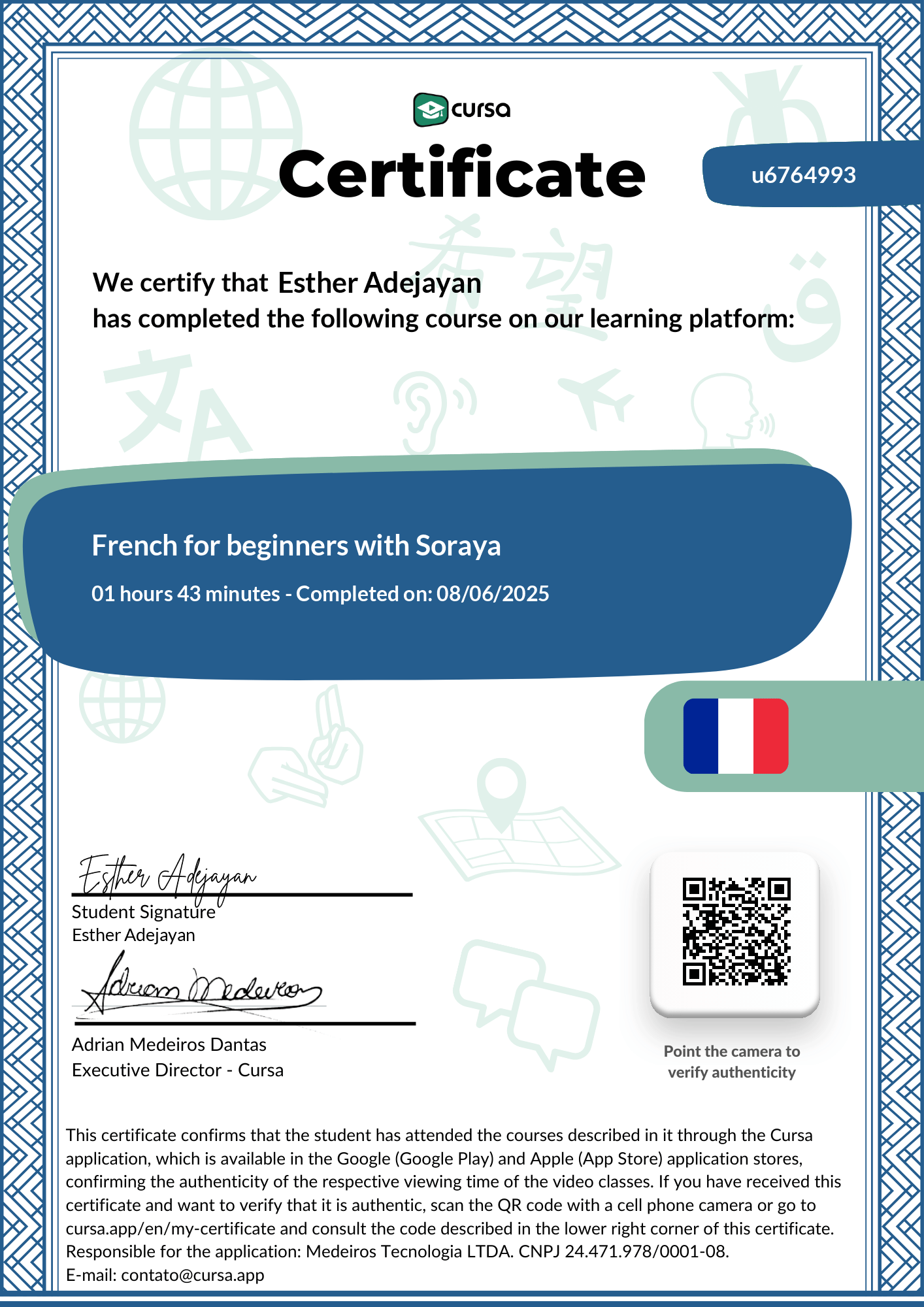 Image of my free Course Completion Certificate.