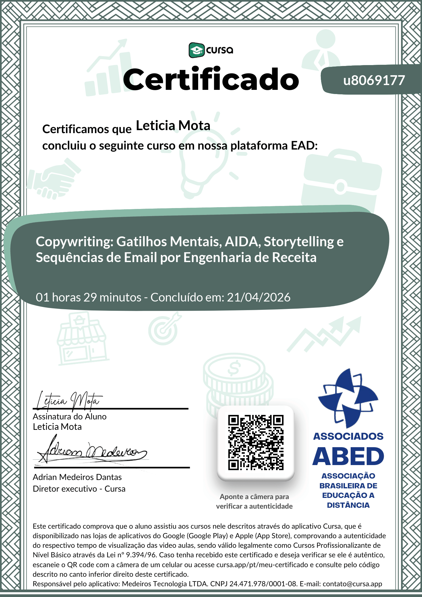 Imagem do meu Certificado gratuito de conclusão de curso.
