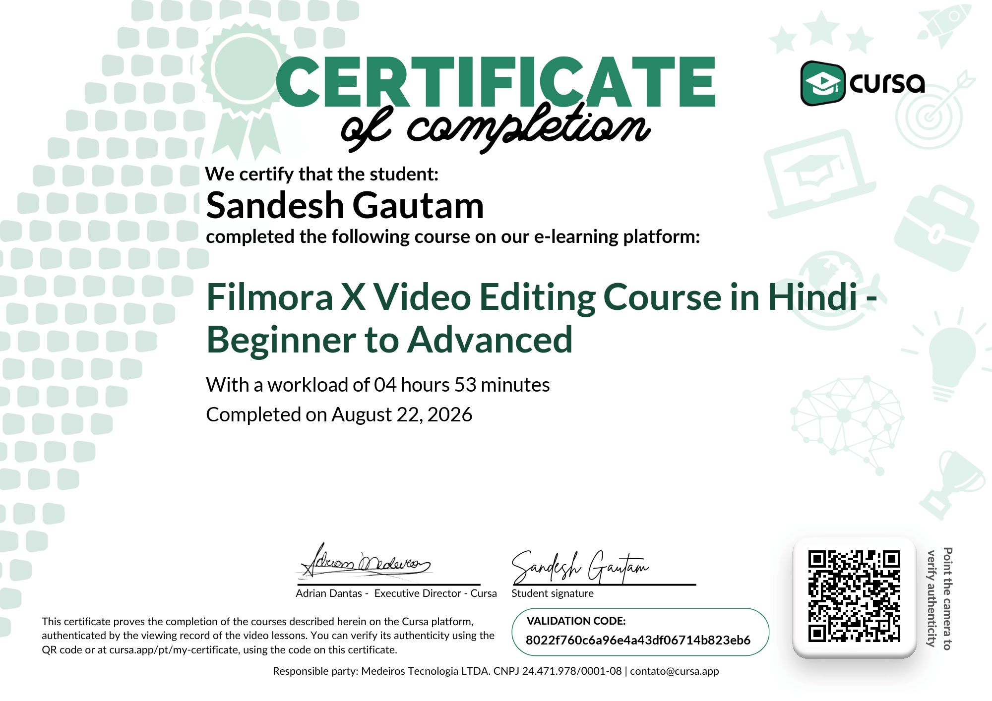 Image of my free Course Completion Certificate.
