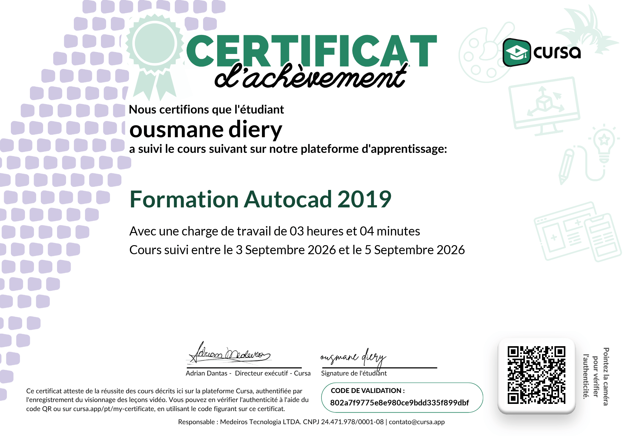 Image de mon certificat de fin de cours gratuit.