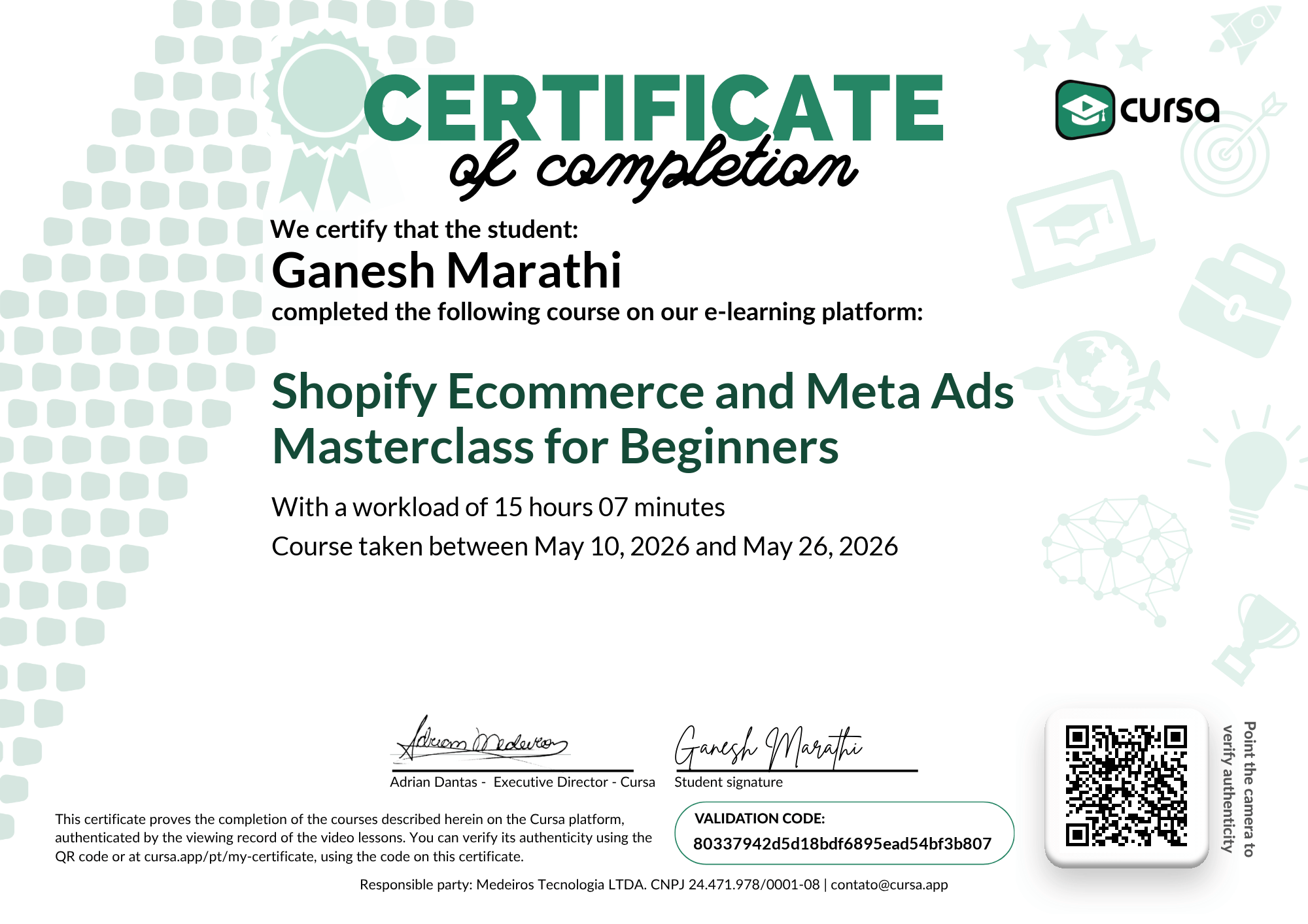 Image of my free Course Completion Certificate.