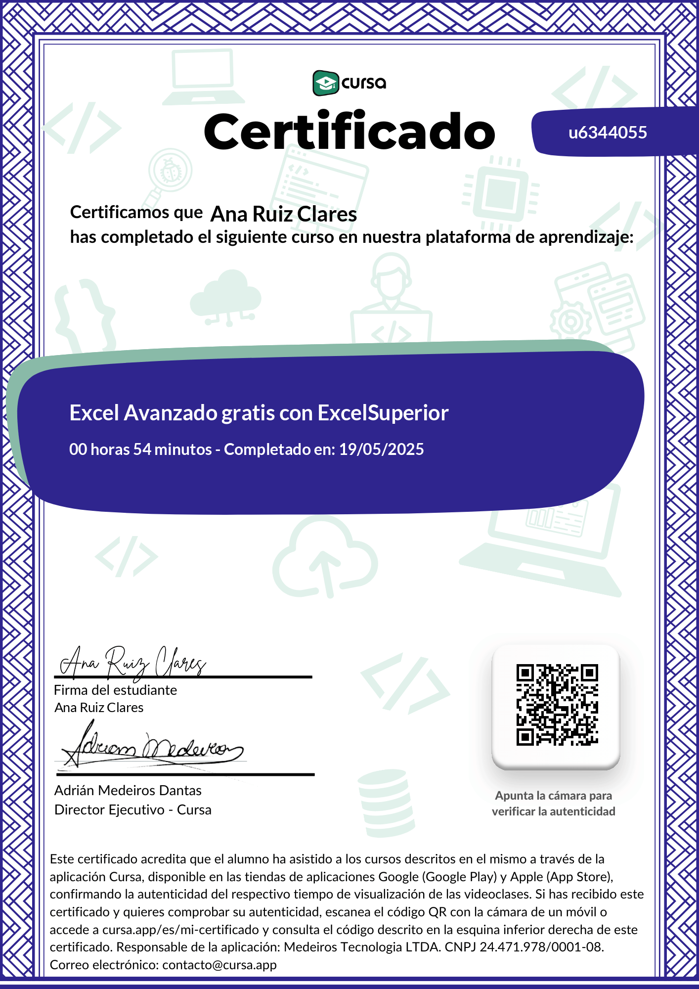 Imagen de mi Certificado de finalización del curso gratuito.