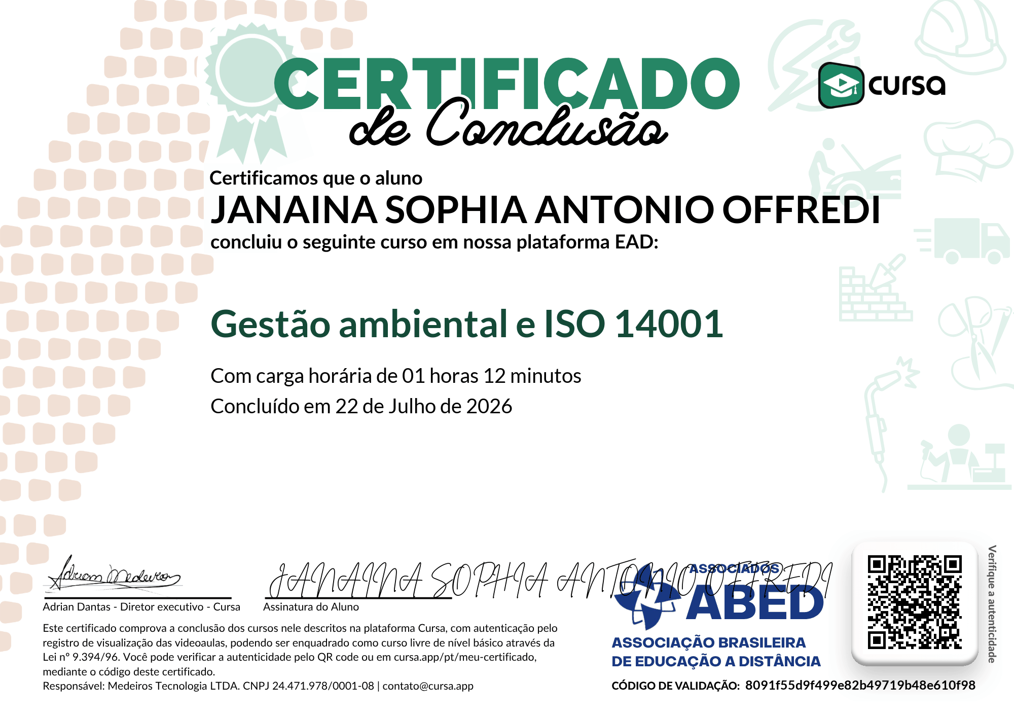 Imagem do meu Certificado gratuito de conclusão de curso.