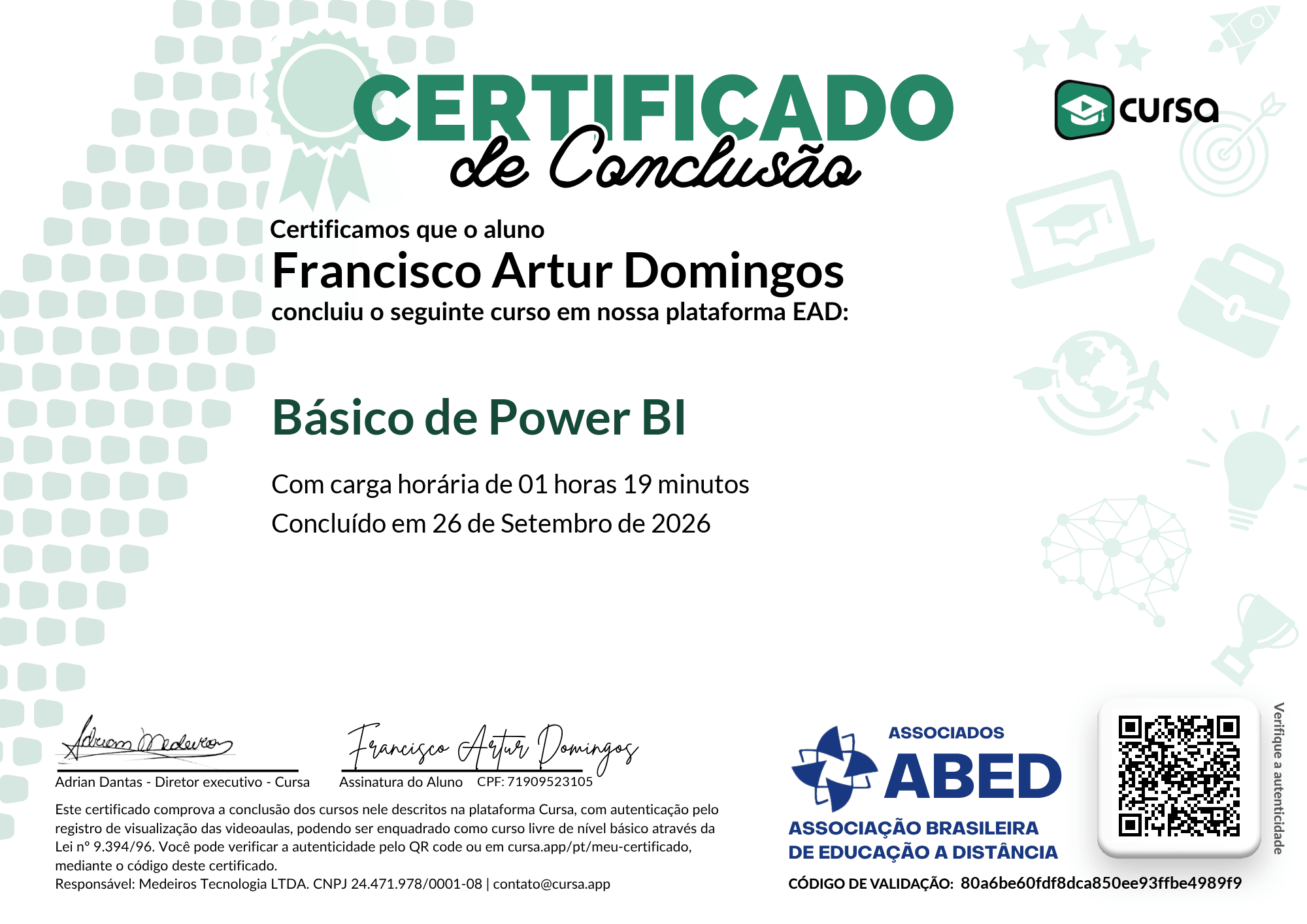 Imagem do meu Certificado gratuito de conclusão de curso.