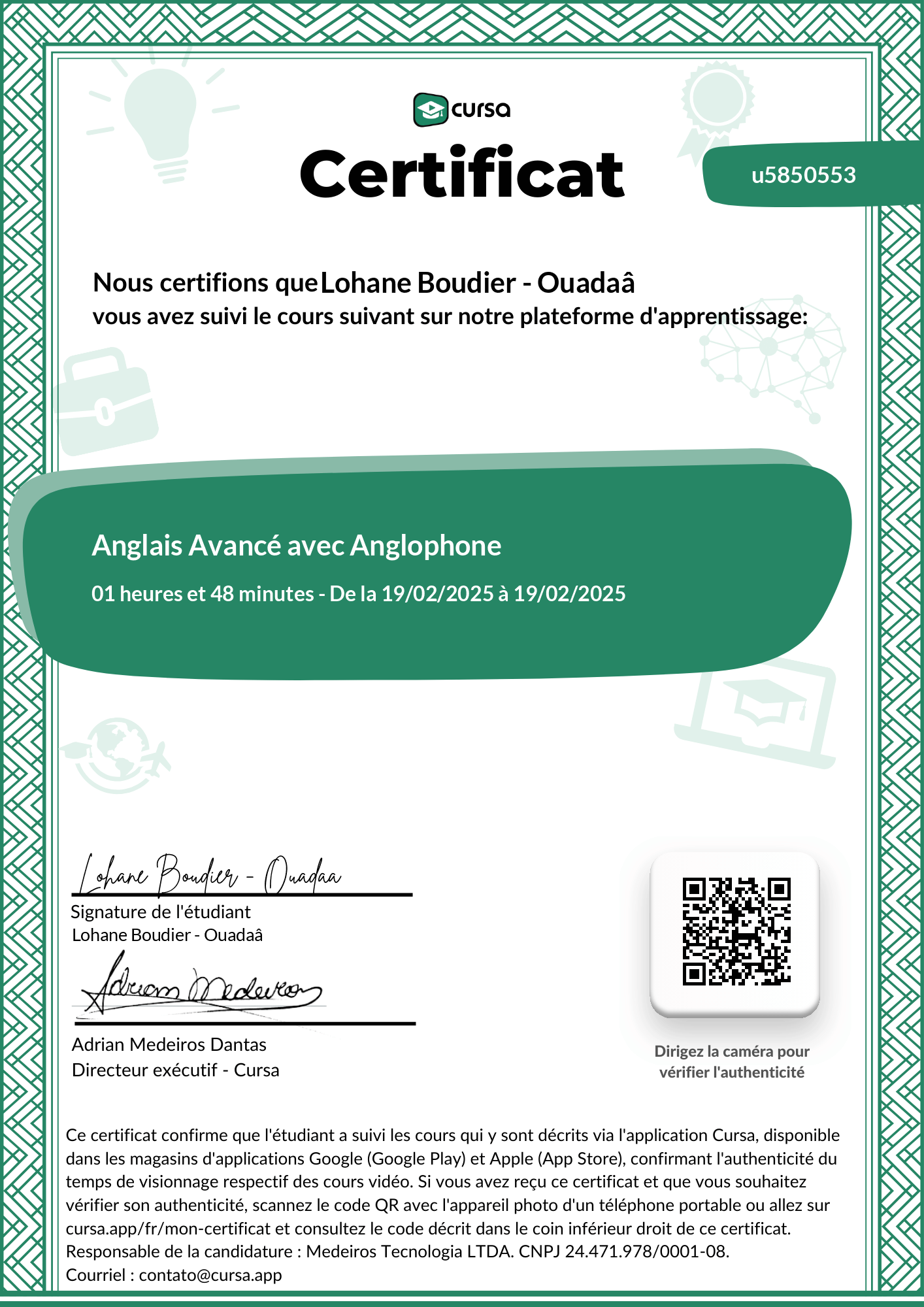 Image de mon certificat de fin de cours gratuit.