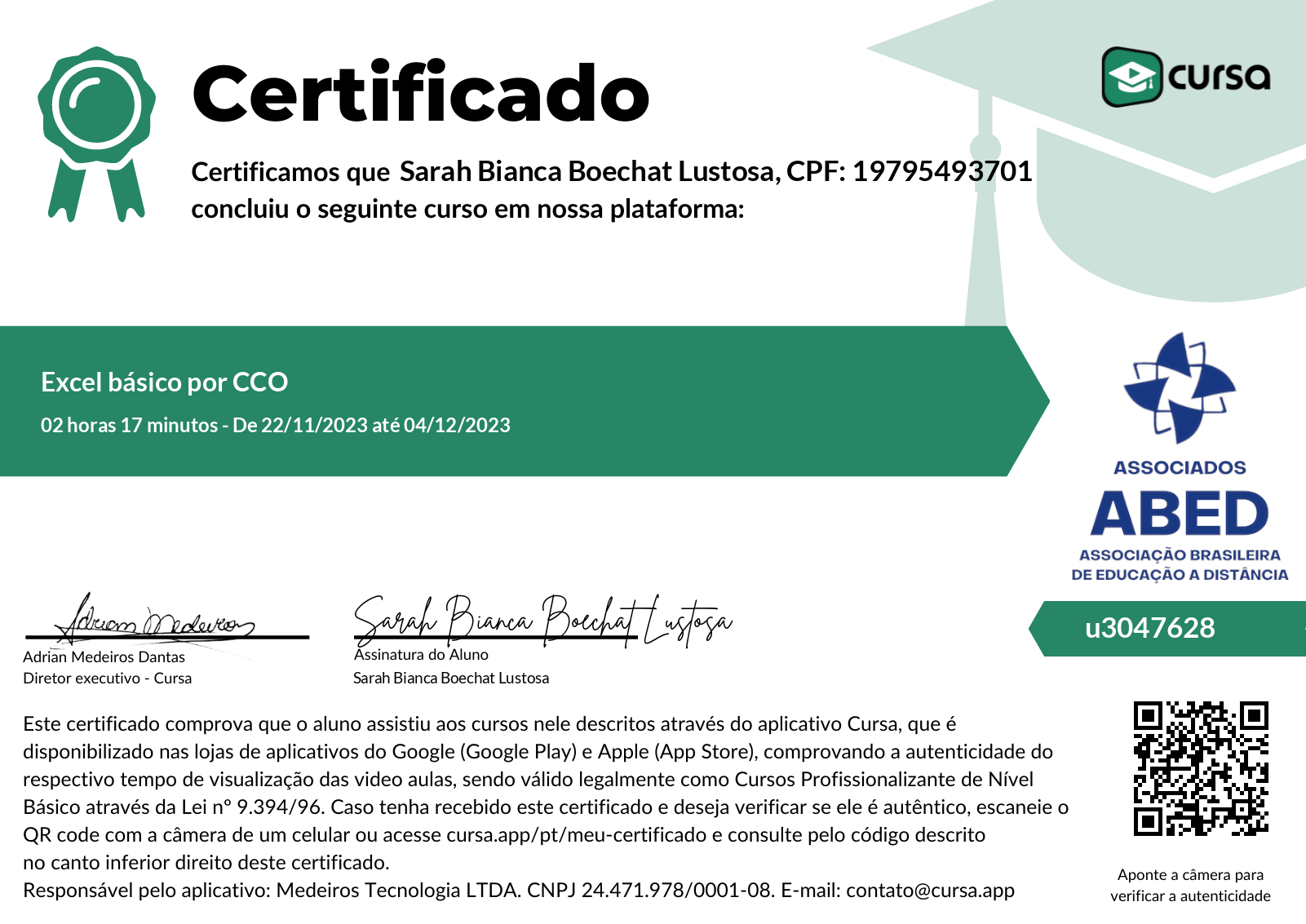 Imagem do meu Certificado gratuito de conclusão de curso.