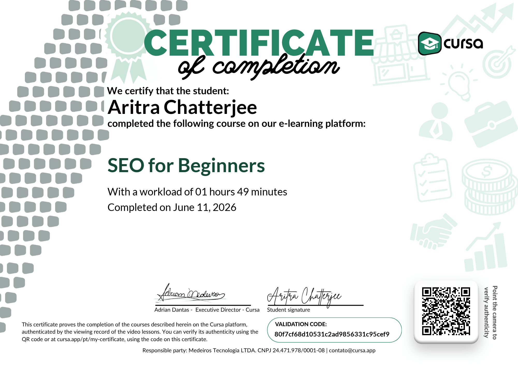 Image of my free Course Completion Certificate.