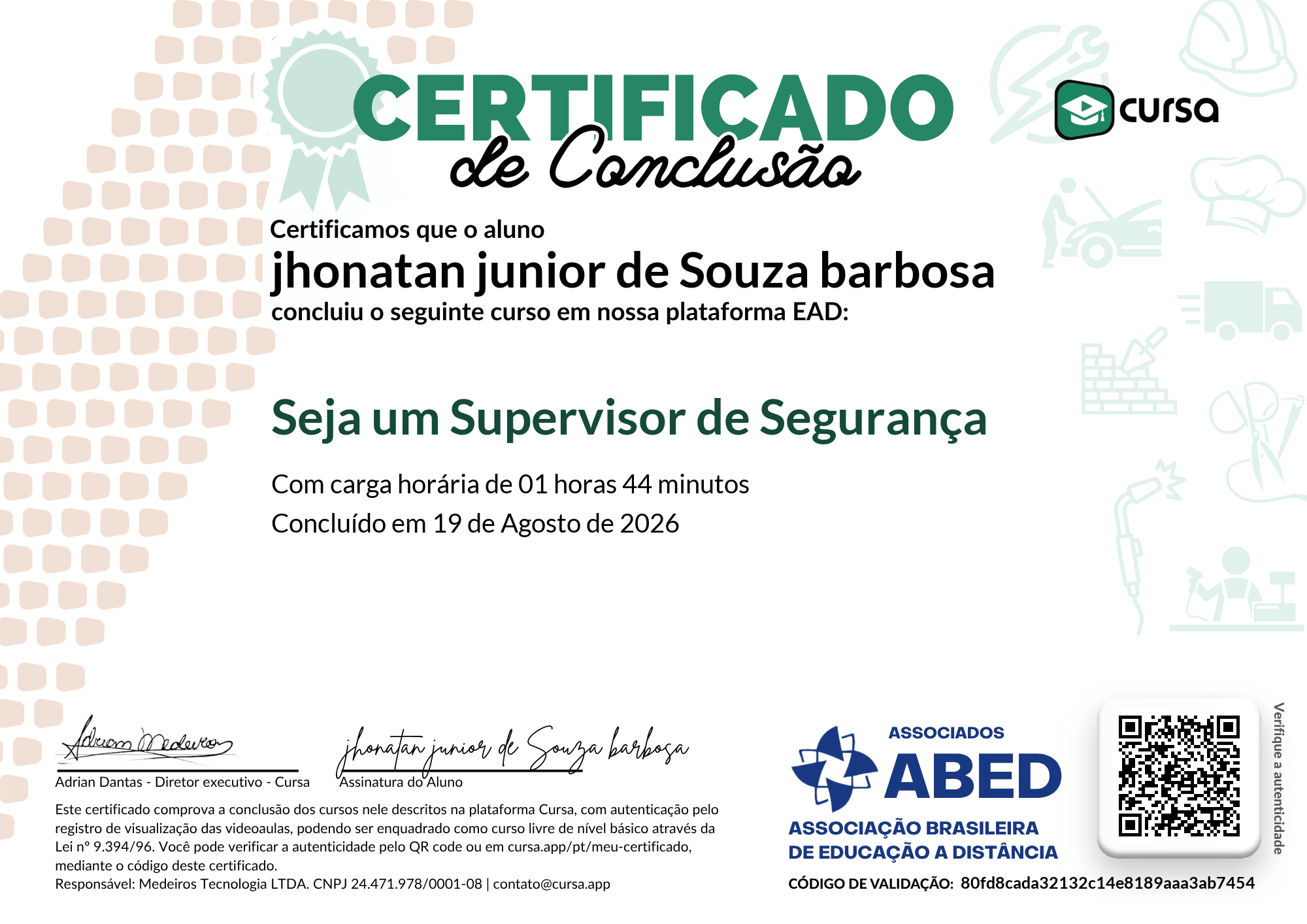Imagem do meu Certificado gratuito de conclusão de curso.