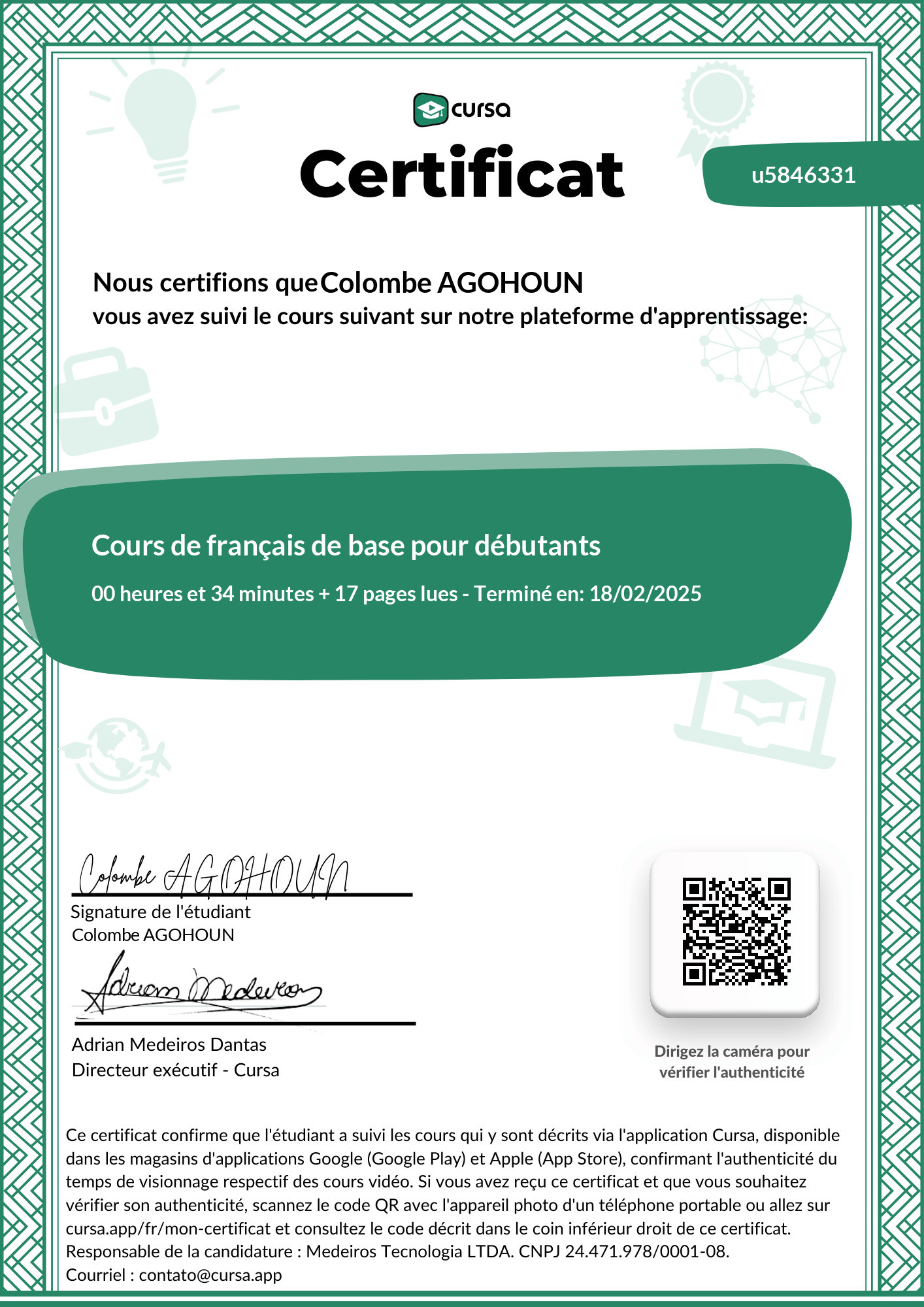 Image de mon certificat de fin de cours gratuit.