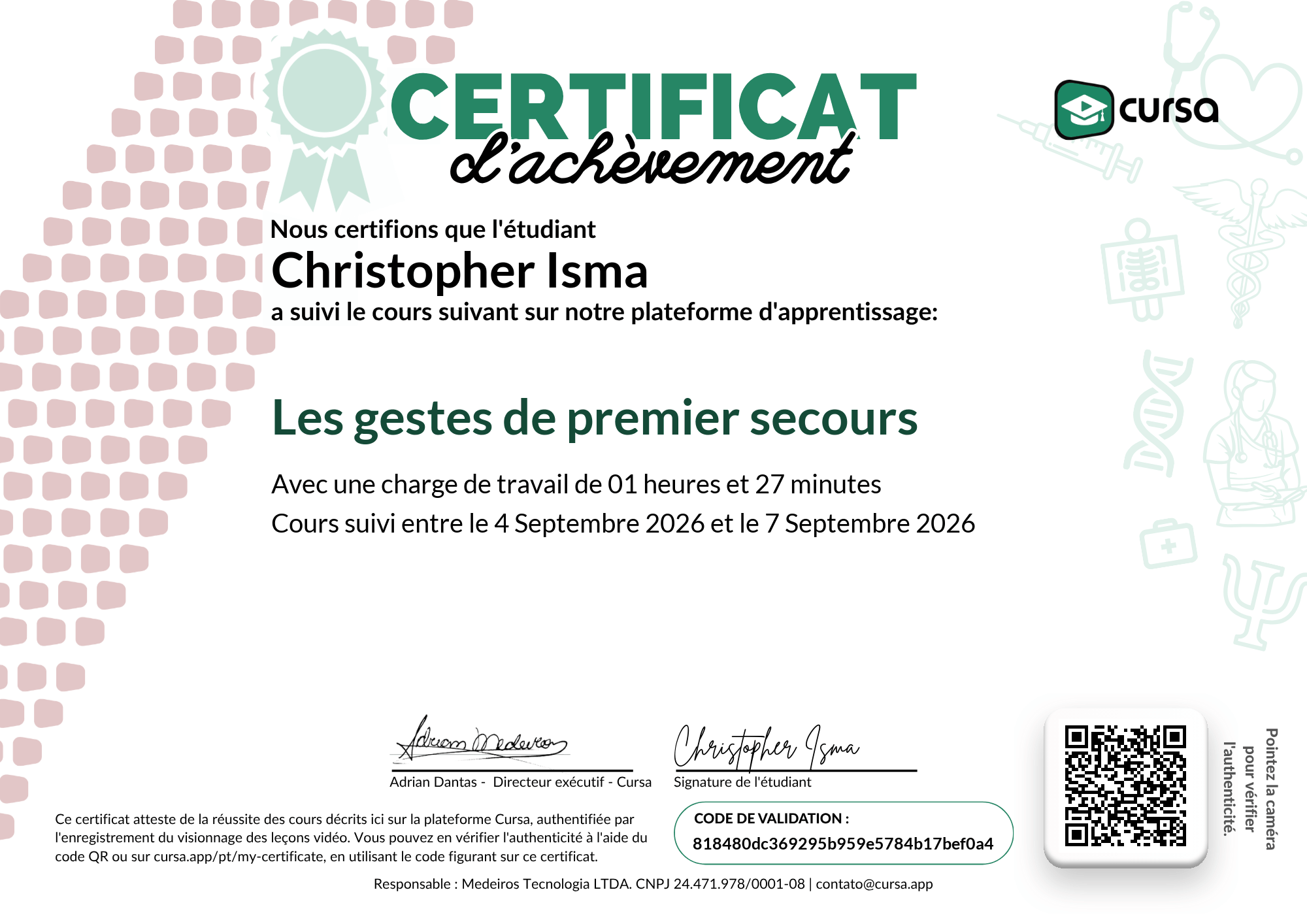Image de mon certificat de fin de cours gratuit.