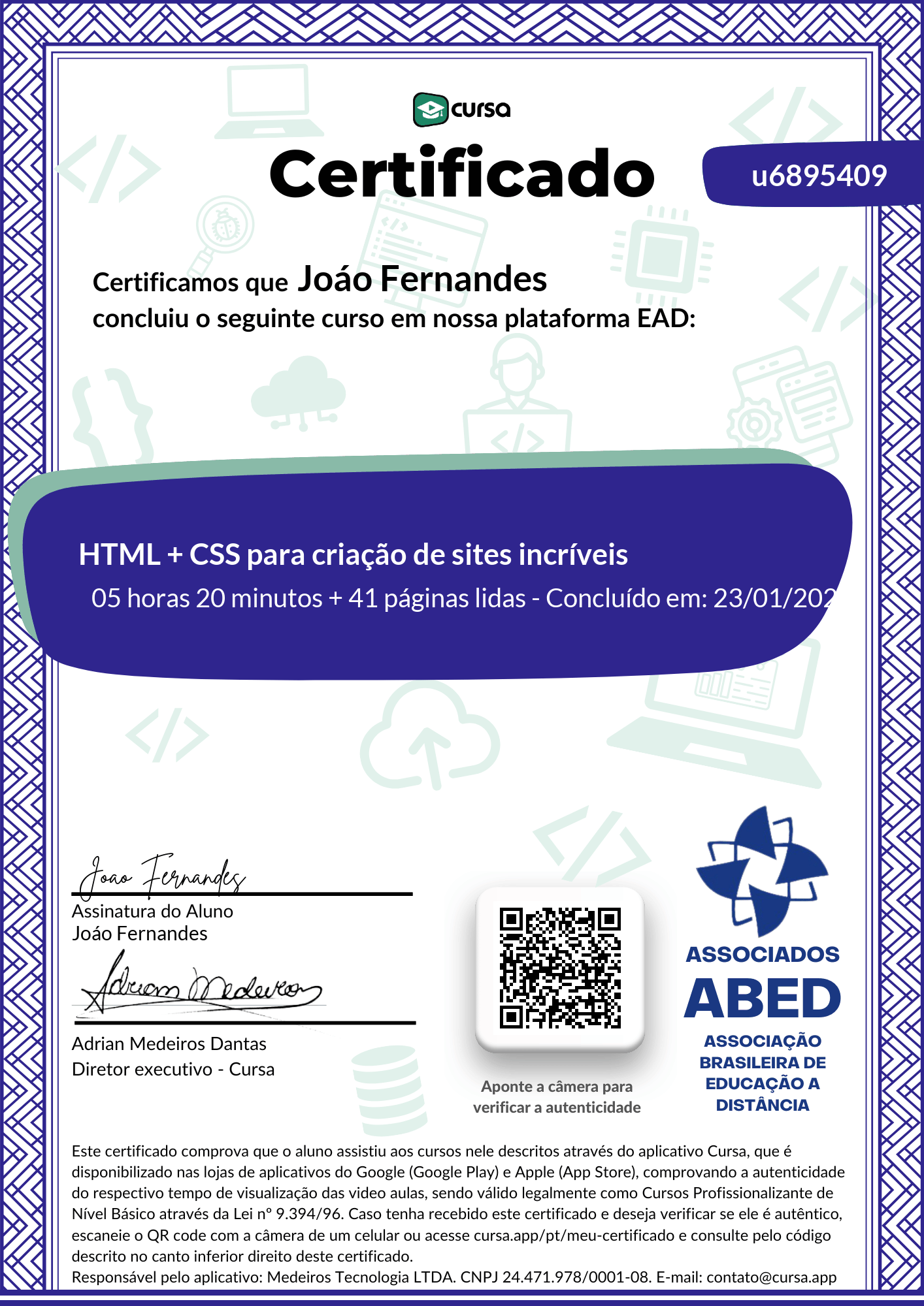 Imagem do meu Certificado gratuito de conclusão de curso.