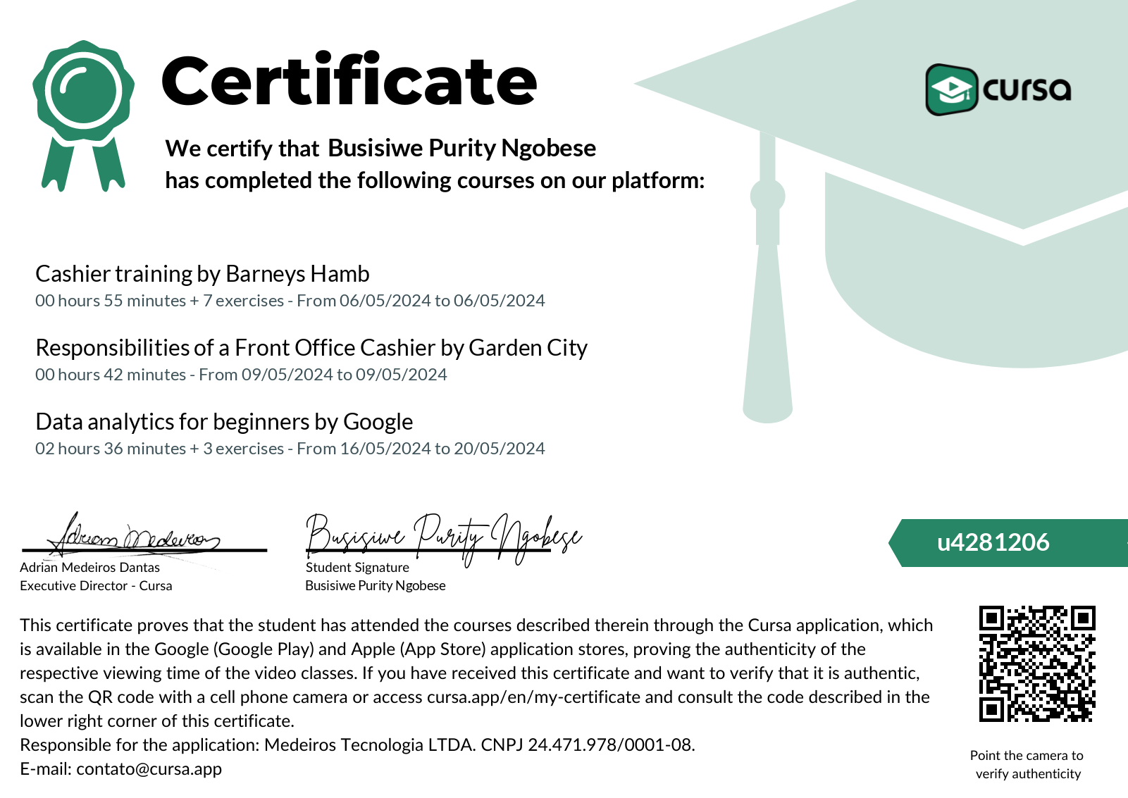 Image of my free Course Completion Certificate.