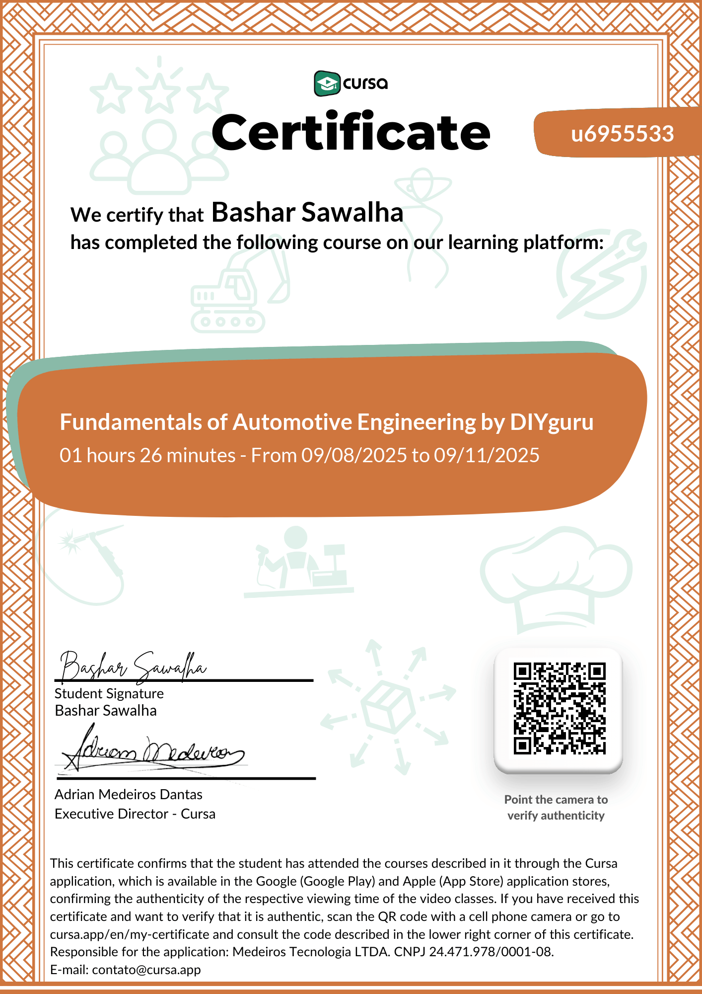 Image of my free Course Completion Certificate.
