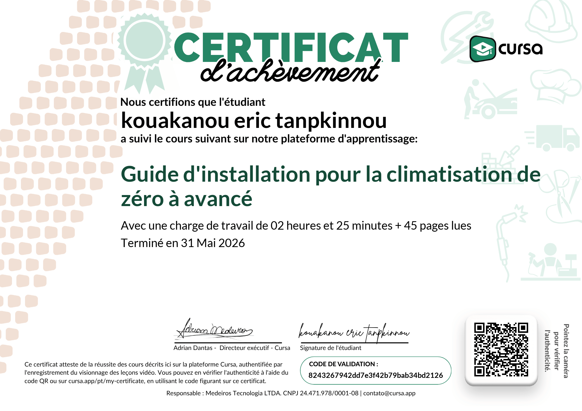 Image de mon certificat de fin de cours gratuit.