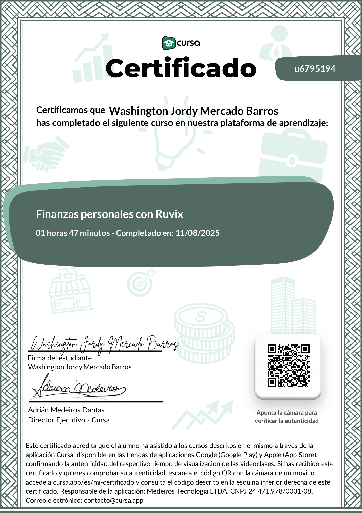 Imagen de mi Certificado de finalización del curso gratuito.