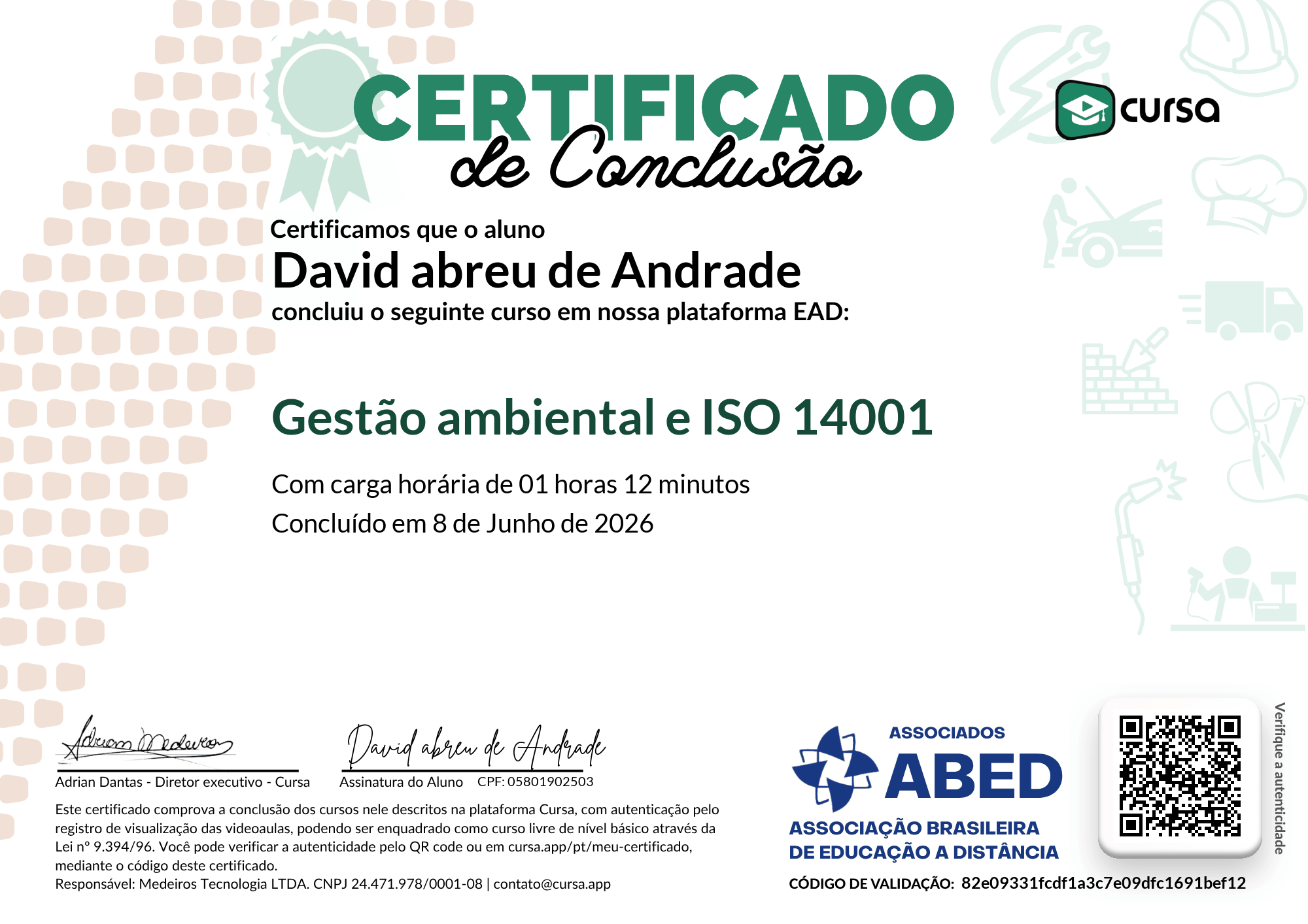 Imagem do meu Certificado gratuito de conclusão de curso.
