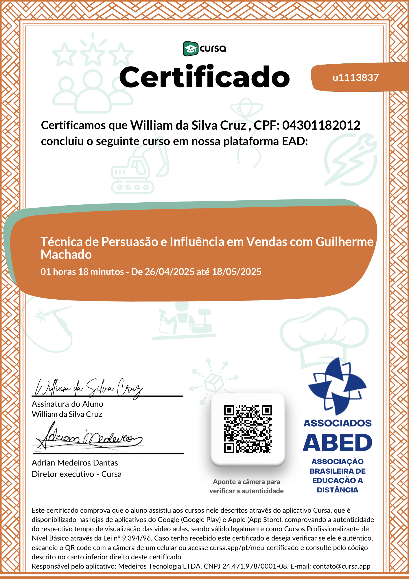 Imagem do meu Certificado gratuito de conclusão de curso.