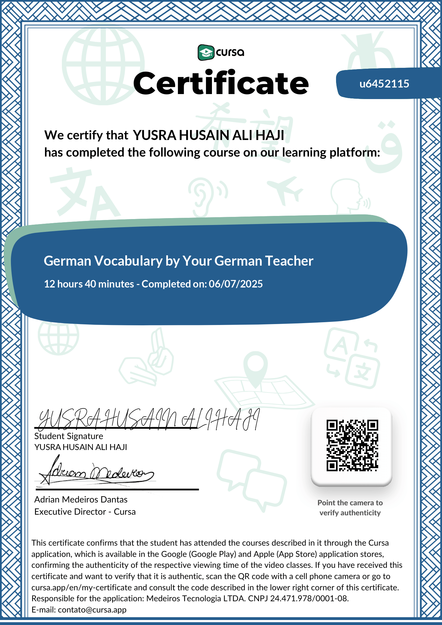 Image of my free Course Completion Certificate.